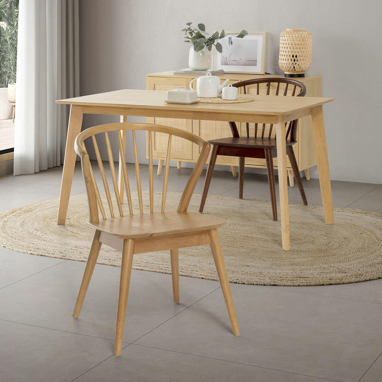 MURA - Pack 2 chaises, couleur chêne, bois massif, 55 cm x 58,5 cm x 84 cm