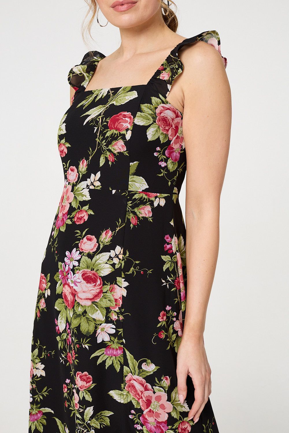 Izabel London Floral Frill Sleeveless A-Line Midi Dress