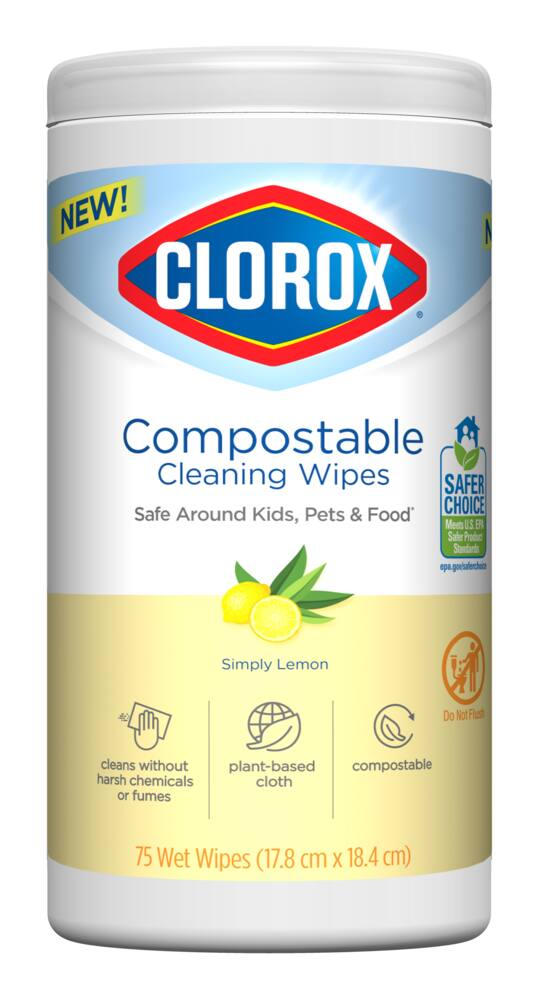 Clorox Compostable Cleaning Wipes, Lemon, 75-pk