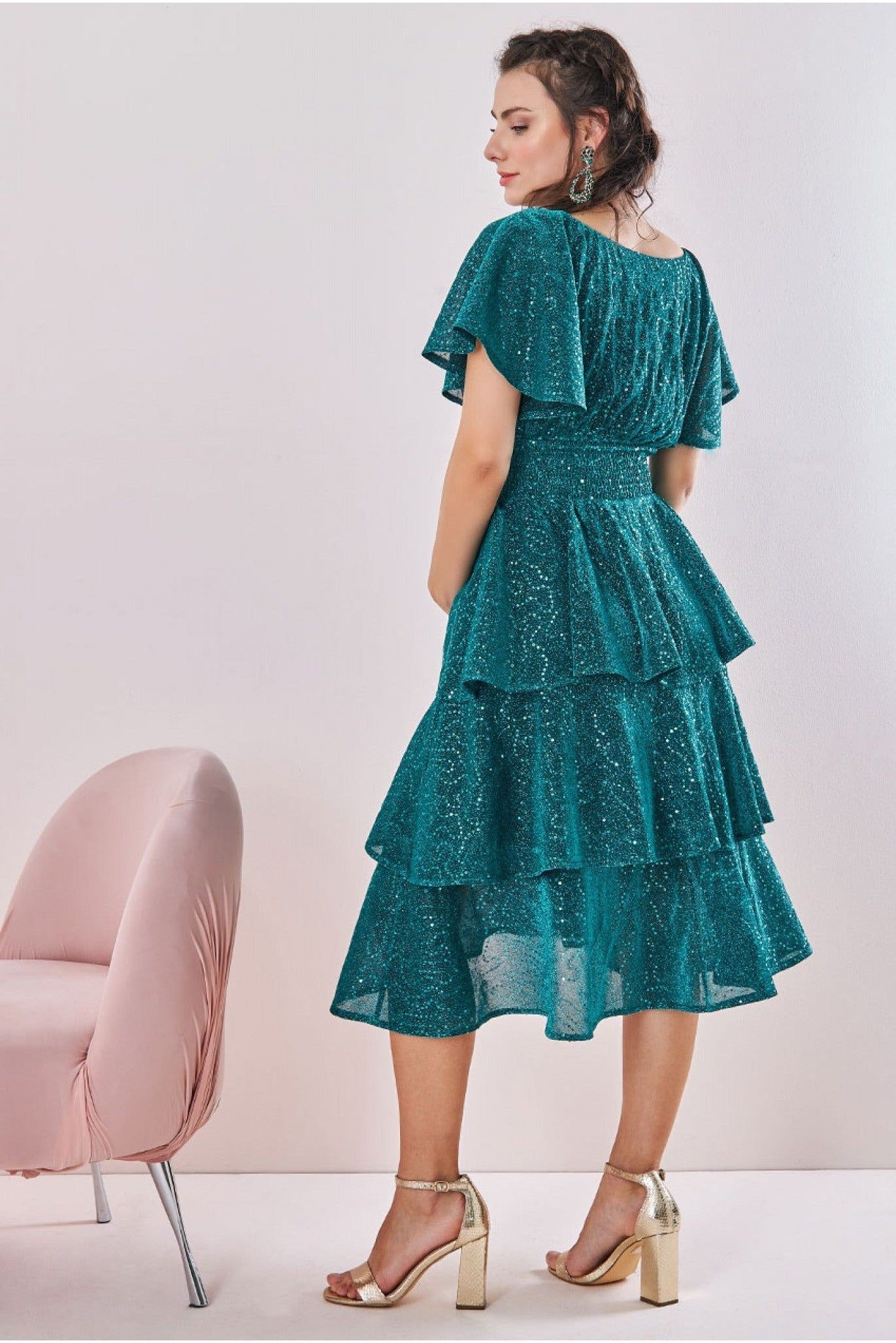 Goddiva Maternity Sequin Lurex Tiered Midi