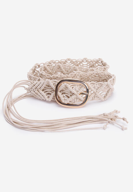 Womens Cream Crochet Tassel Belt