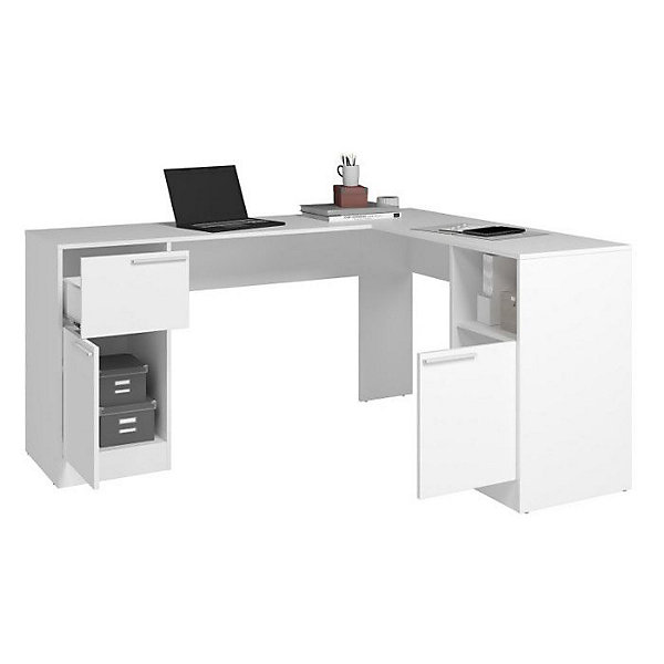 Bureau d'angle blanc ACTUAL DIFFUSION 160 x 134,5 x 78,5 cm - 2 caissons, 2 portes, 1 tiroir