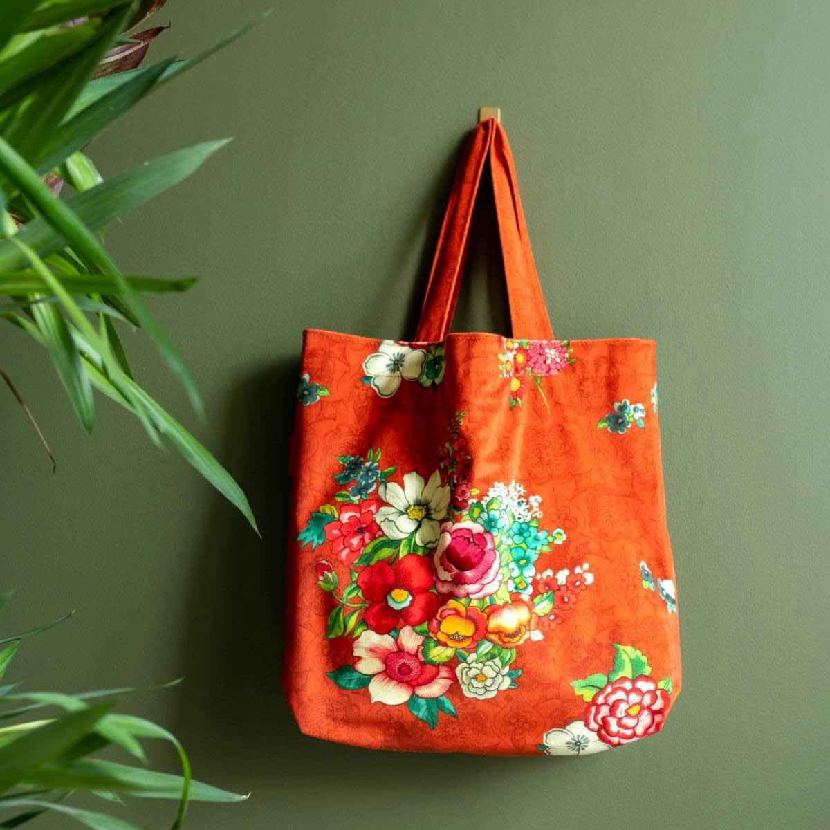 HANAMI - Tote bag en velours imprimé fleuri orange 45x40 cm
