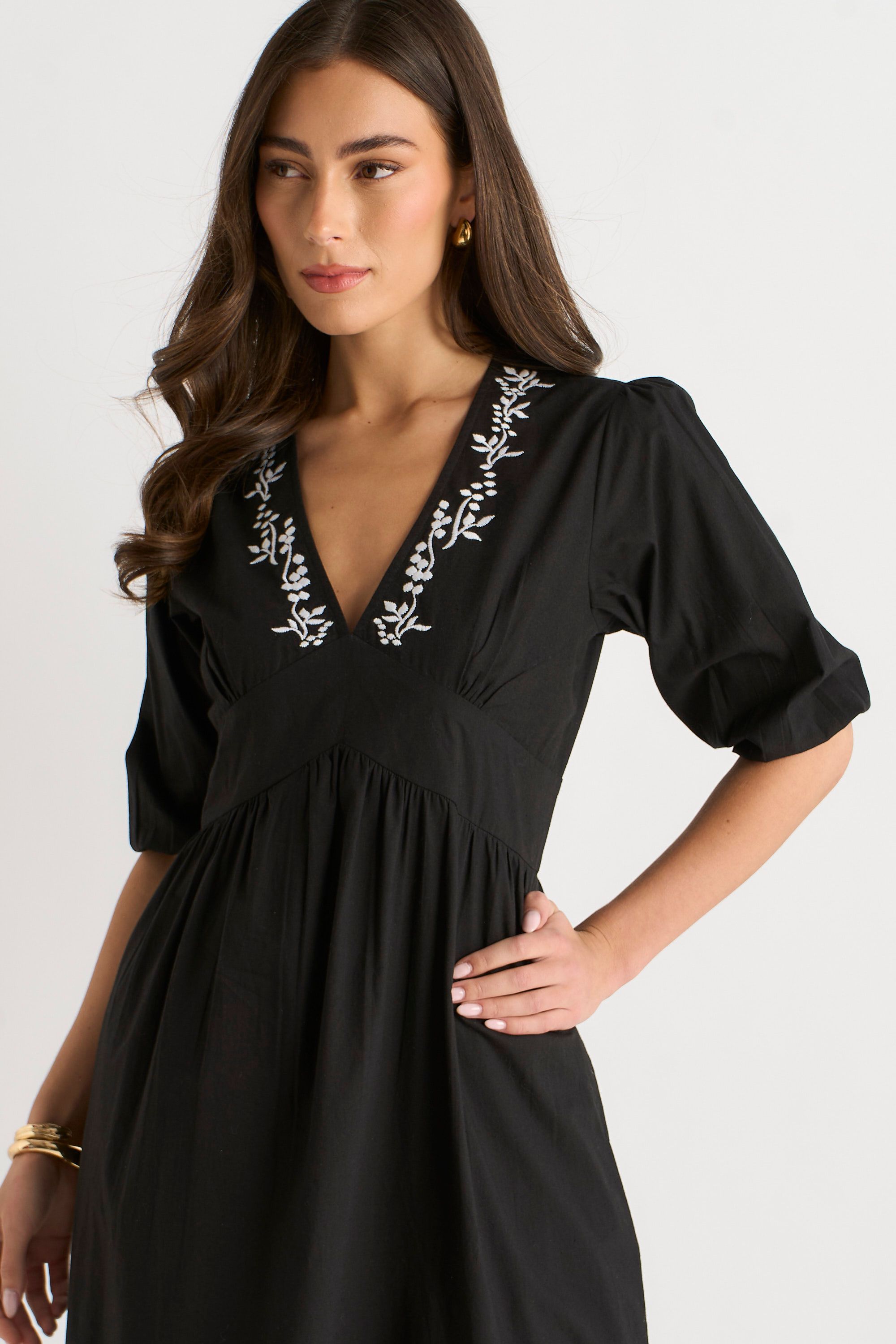 Gini London Black Puff Sleeve Cotton Embroidered Midi Dress