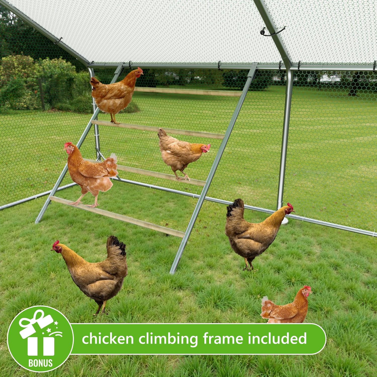 Large Chicken Coop Metal Chicken Run for Yard with Feeding Door Walk-in Chicken Pen for 10-20 Chickens Outdoor Poultry Cage with Anti-UV Cover