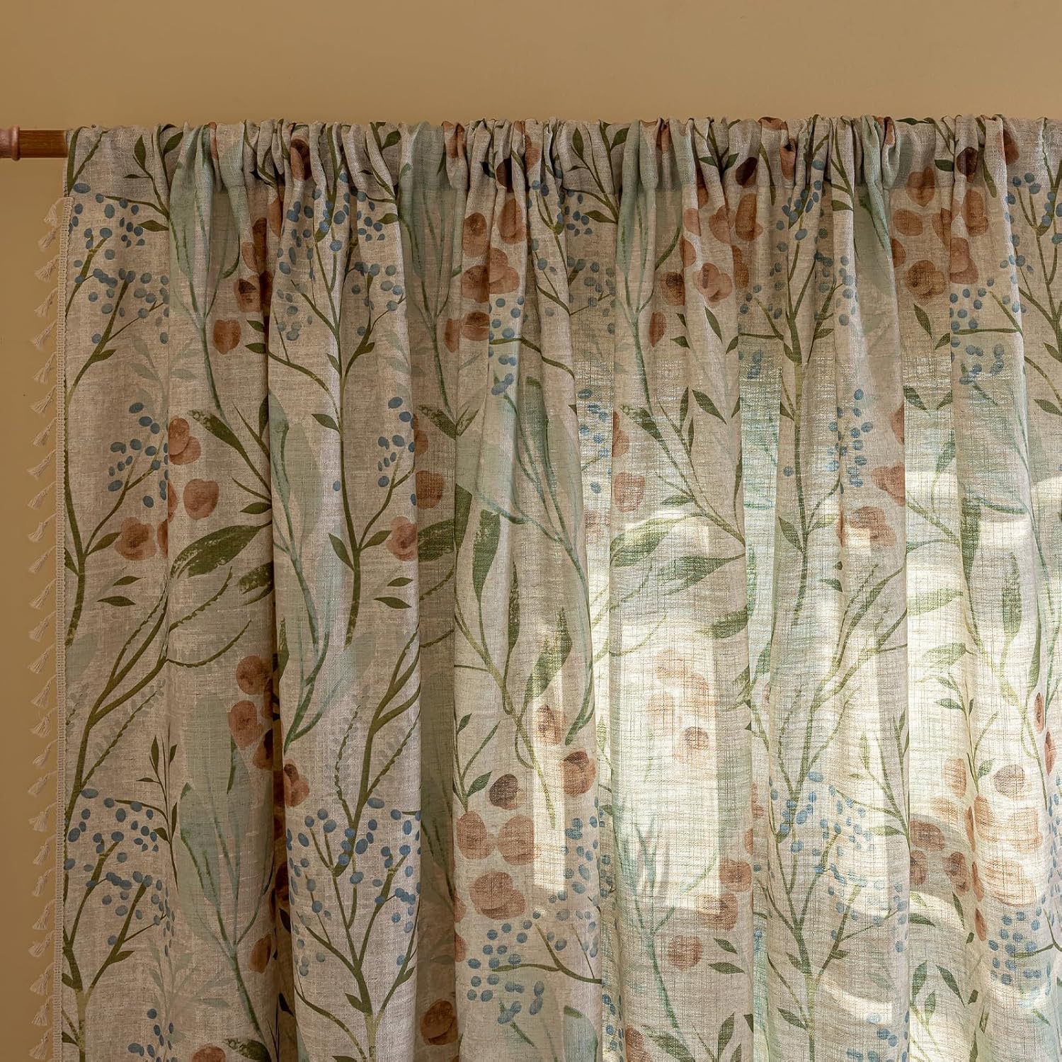 ENJOYBRIDAL Floral Curtains 96 Inches Bedroom Decor Drapes Semi Sheer Rod Pocket Living Room Long Window Curtain Panels Light Filtering Boho 4 Panels Tassel Vintage Window Treatments