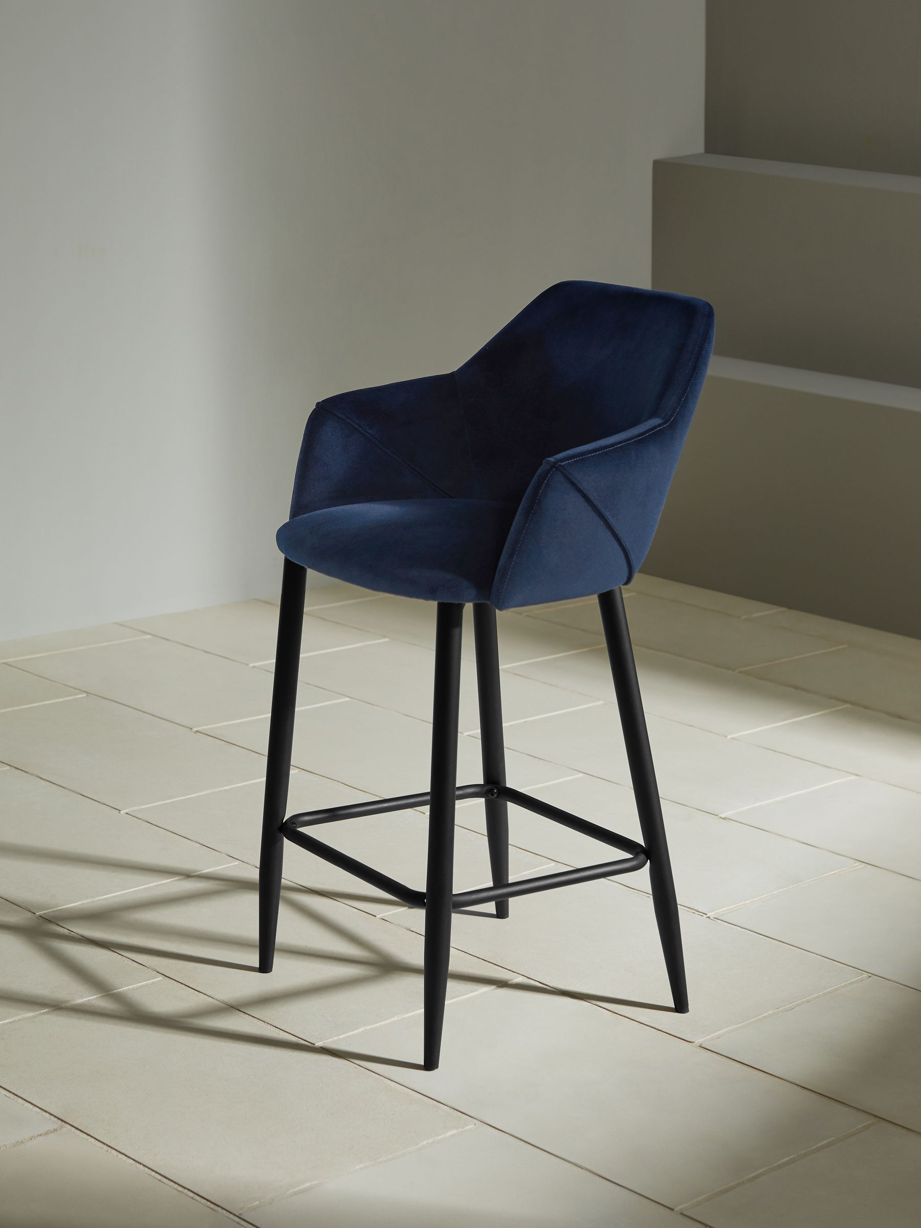 Lule Bar Stool in Dark Blue Velvet and Black Legs