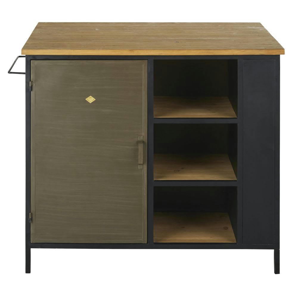 Harvey - Îlot central cuisine 1 porte en bois de sapin et métal noir