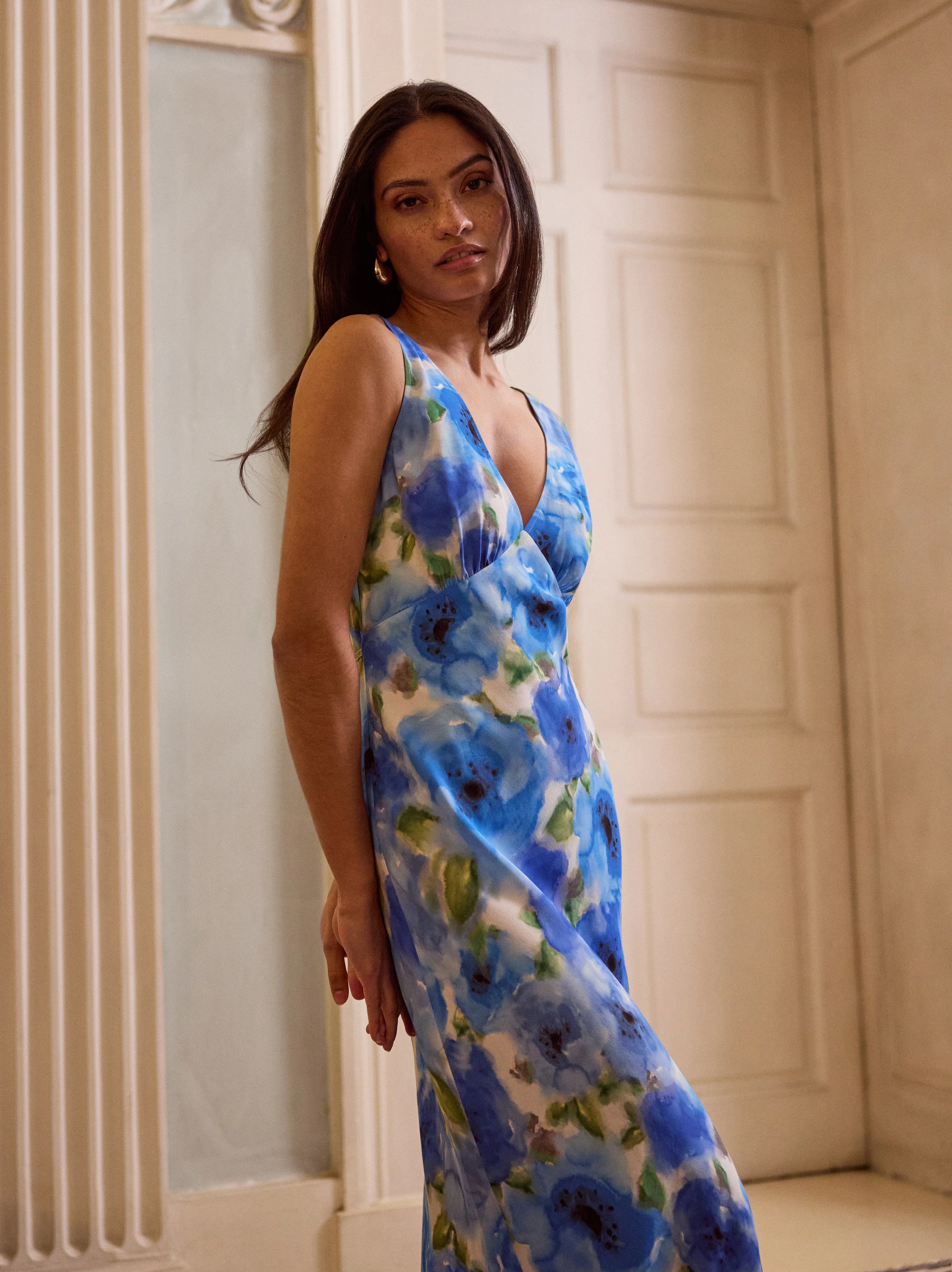 Danna Blue Watercolour Poppy Print Dress