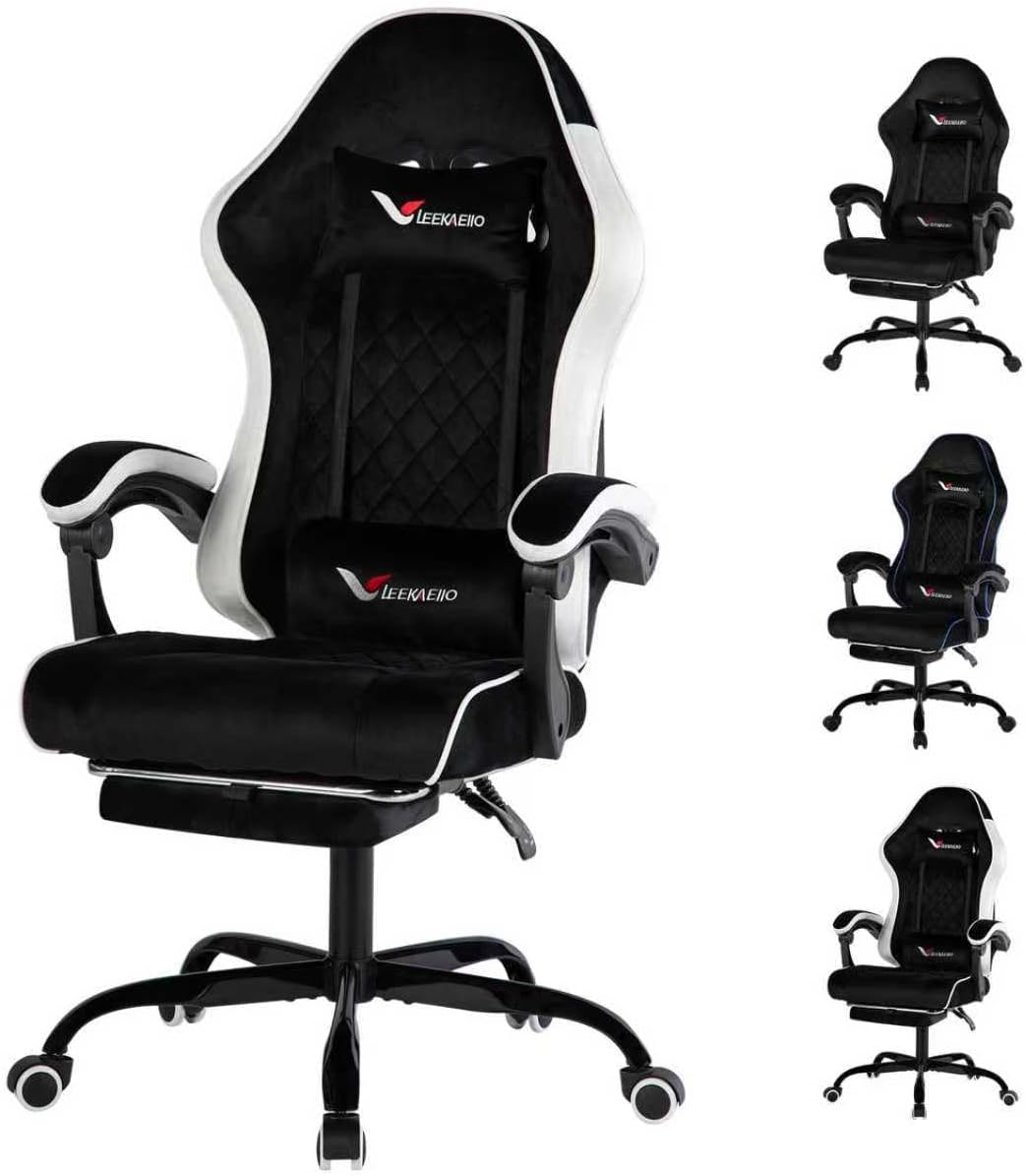 Velvet Gaming Chair for Adults with Pocket Spring Cushion Seat,Soft Gaming Chair Fabric with Extendable Footrest, Swivel Recliner with Ergonomic Lumbar Support and Headrest for Home/Office(White)