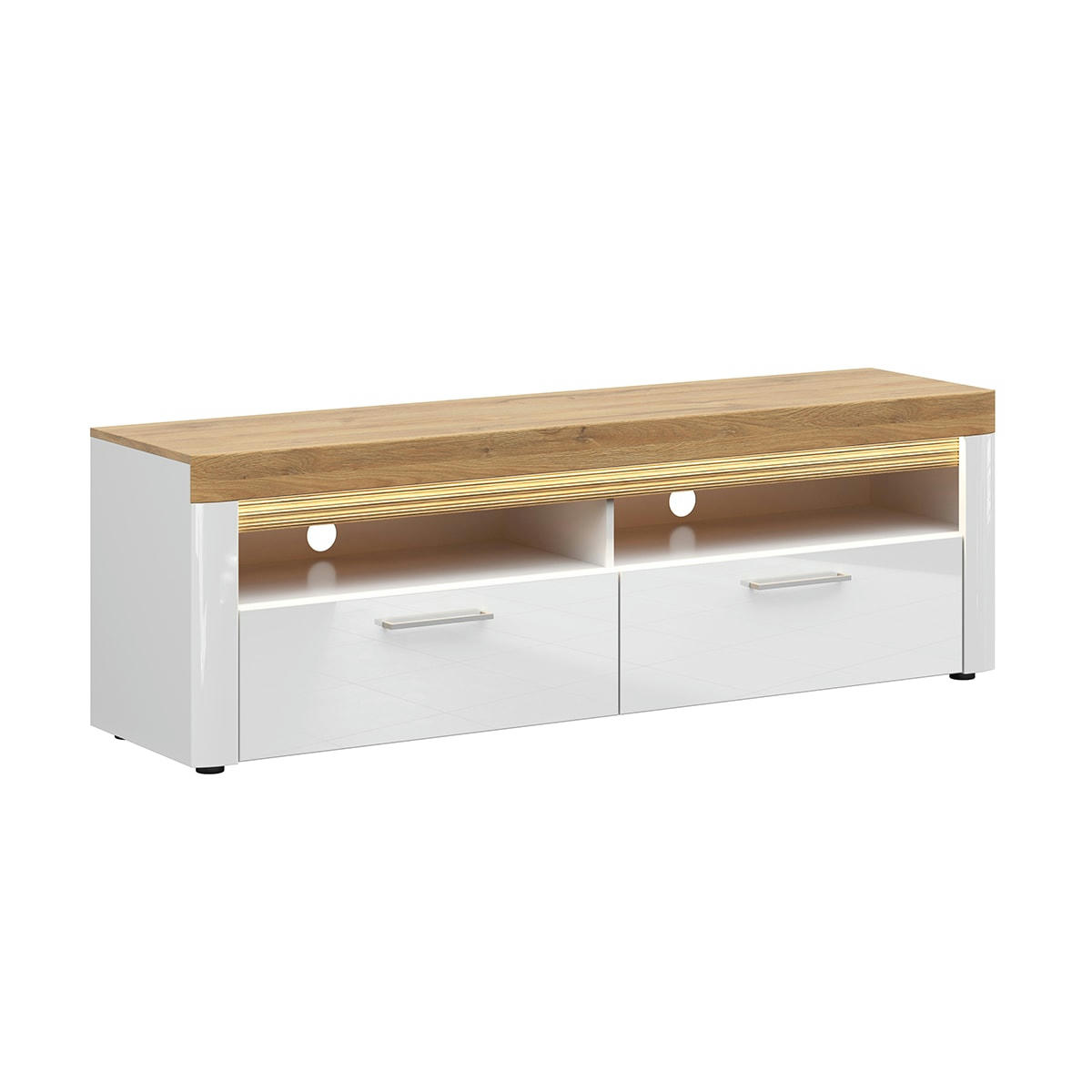 - Meuble TV 2 tiroirs 166 cm avec LED mdf et stratifiés blanc et naturel