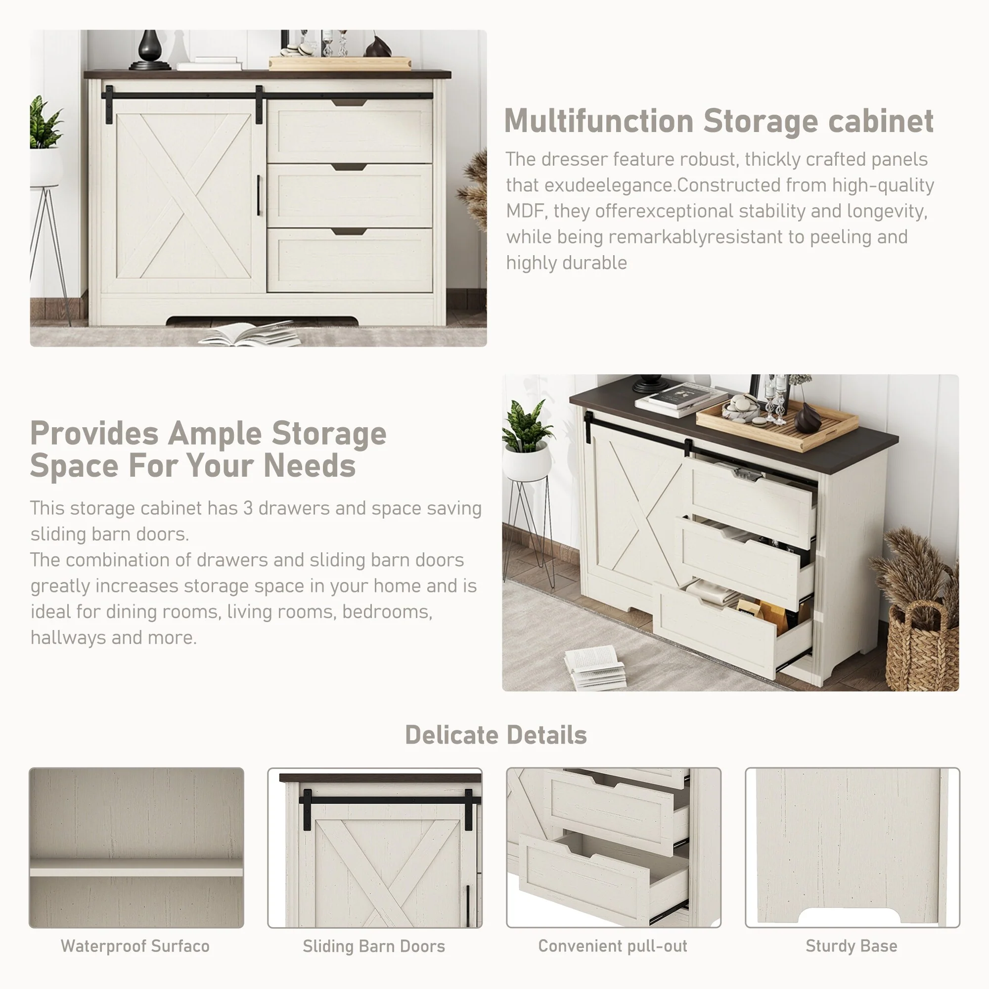 Storage Cabinet with Silent Sliding Doors and Three Drawers