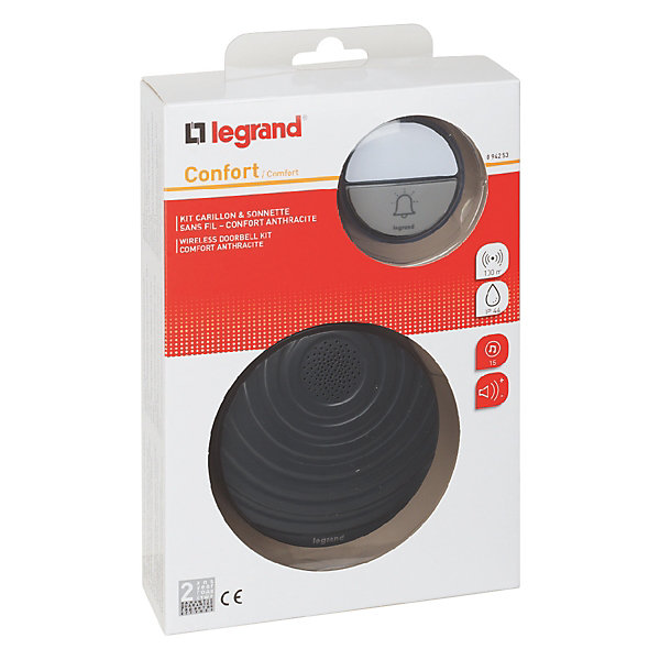 Kit Confort carillon et sonnette sans fil Legrand avec 15 mélodies alimentation par piles - anthracite