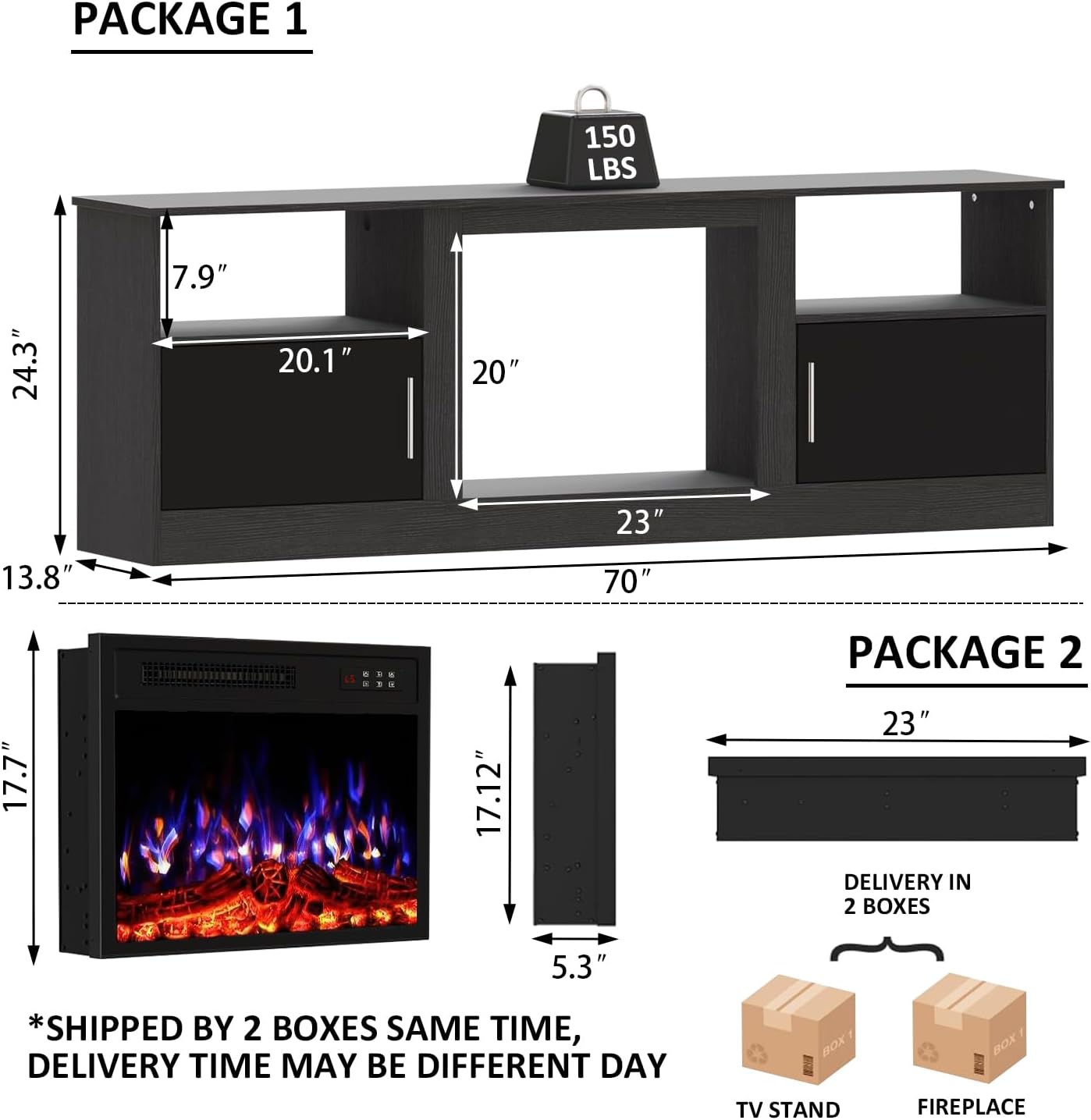 70 Fireplace TV Stand with 23 Electric Fireplace for TVs Up to 80 inch, Modern LED Light Entertainment Center with High Gloss Storage Cabinet, Media TV Consoles for Living Room (Black, 70)