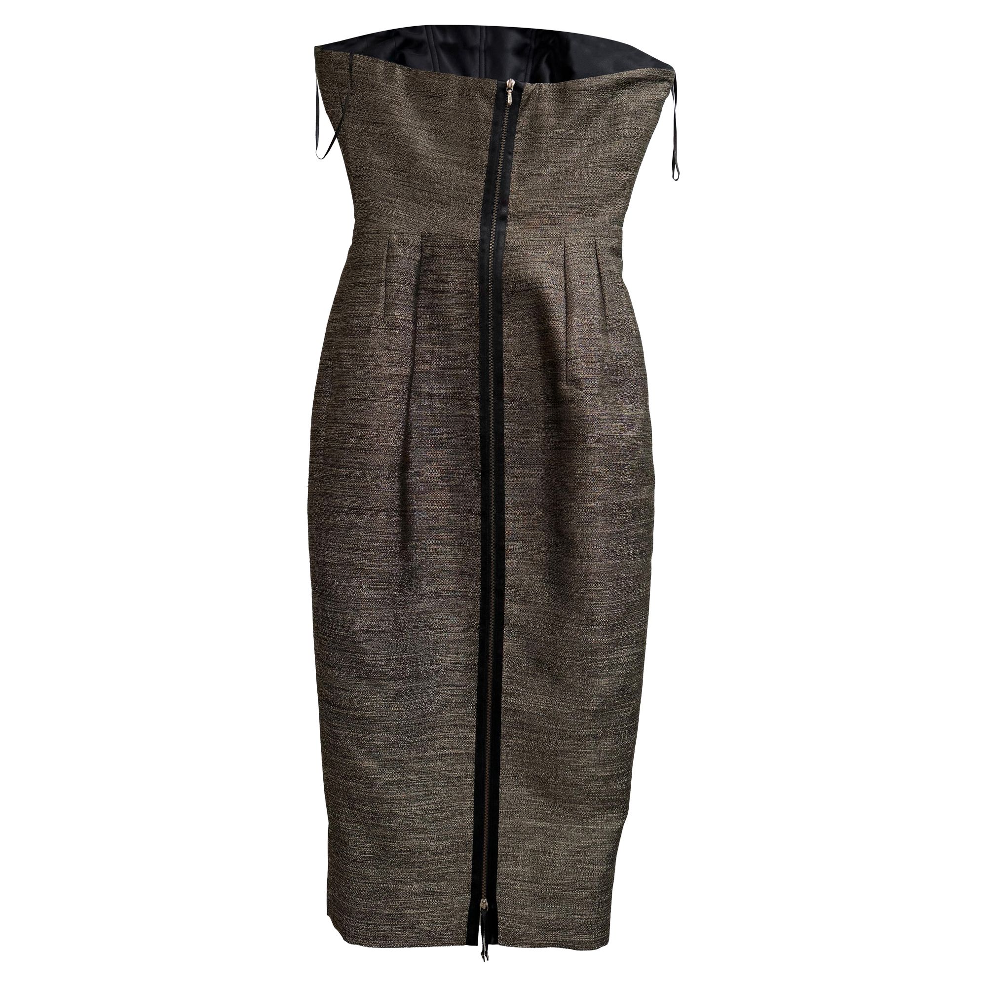 Victoria Beckham Preloved Strapless Midi Dress in Brown Polyester
