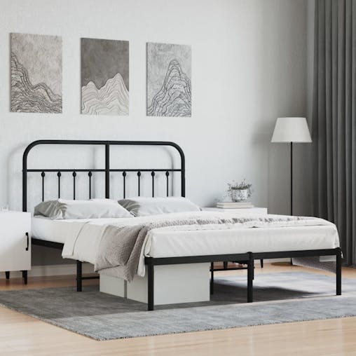 NNEVL Metal Bed Frame with Headboard Black 137x187 cm Double Size