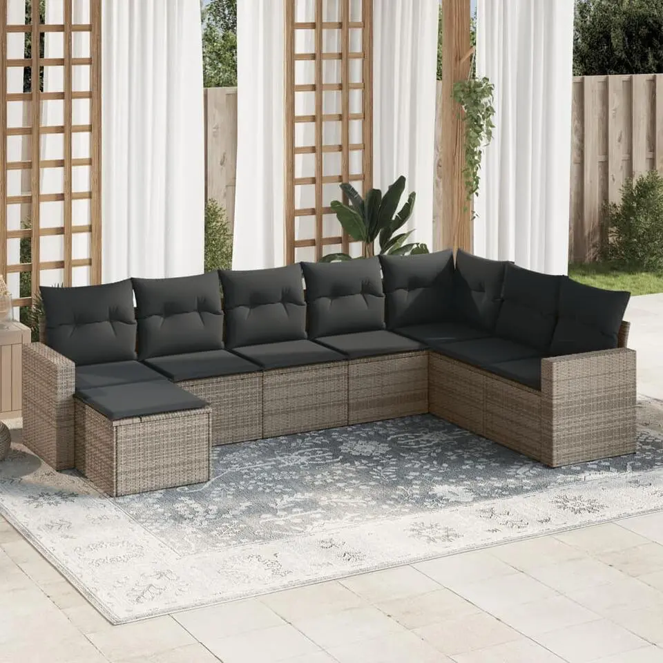 vidaXL Loungeset met kussens en kruk - Grijs - Poly rattan - 8 stuks