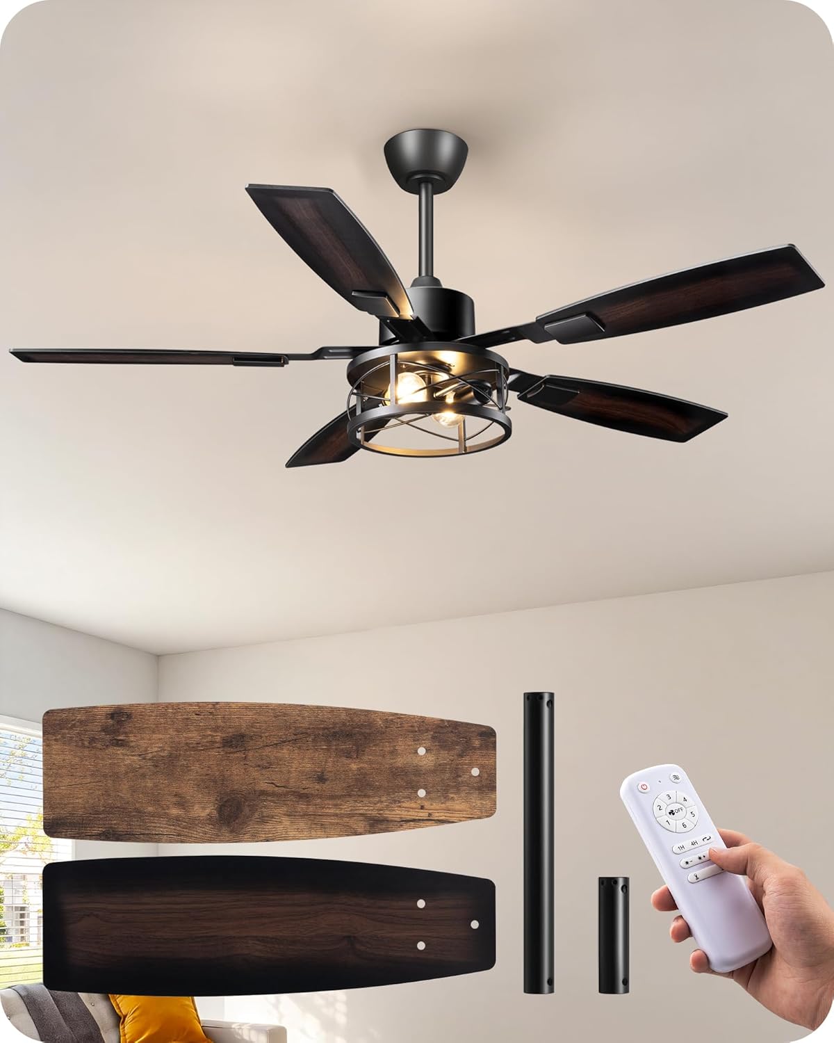 EDISHINE 52 Farmhouse Ceiling Fans with Lights and Remote, 10%-100% Dimmable, Reversible DC Motor, 6 Speed, 5 Wooden Blades, Timer, Rustic Caged Fandelier Ceiling Fan for Living Room, Bedroom