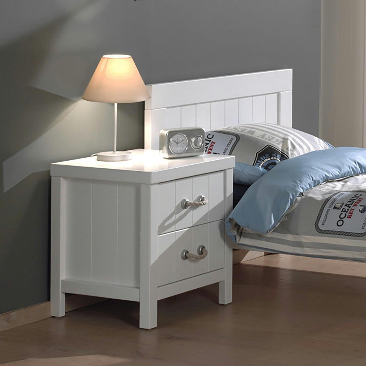 LAZIO - Chevet  2 tiroirs effet lambris poignées corde