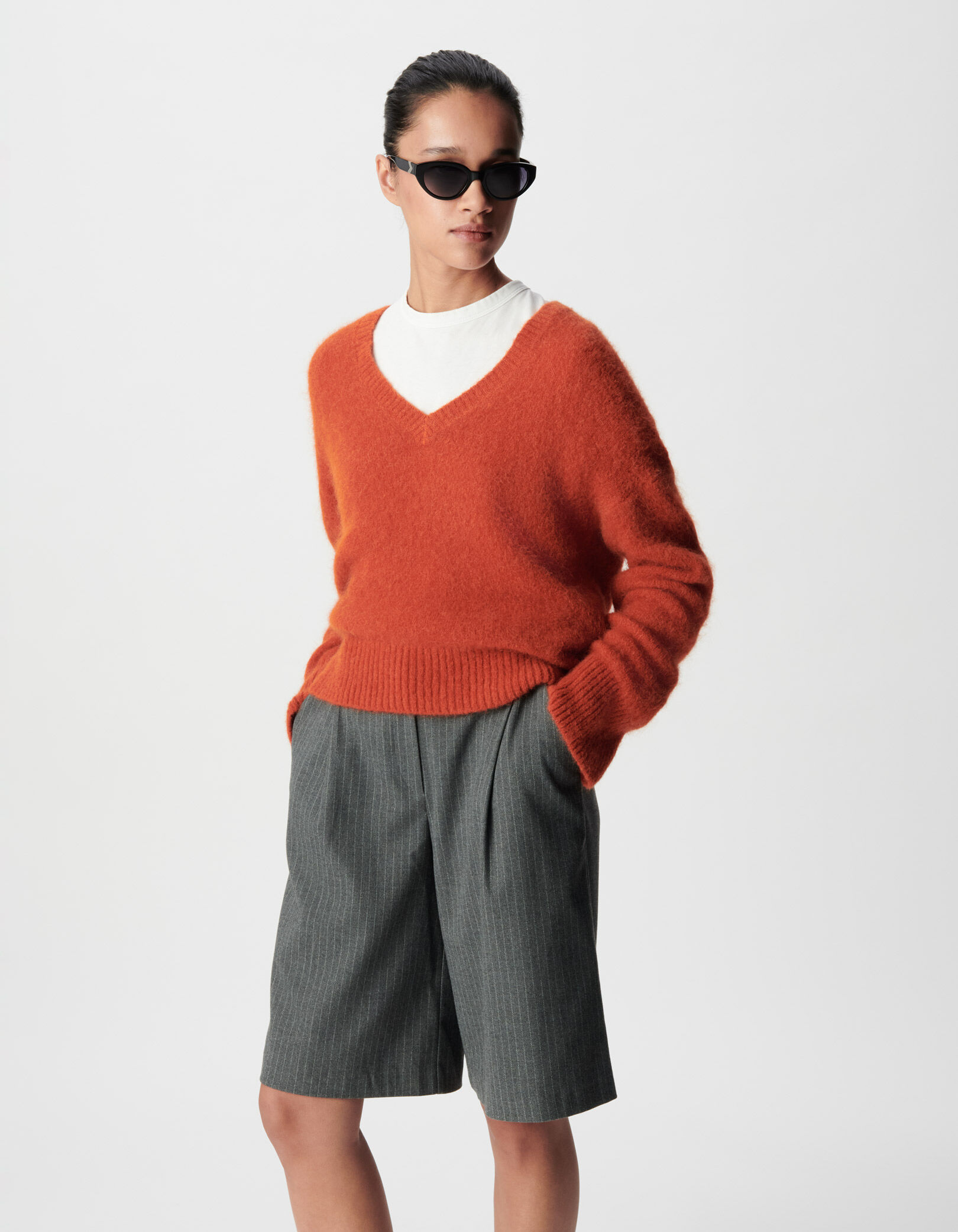 Pull col V lilas tricot mix alpaga Femme