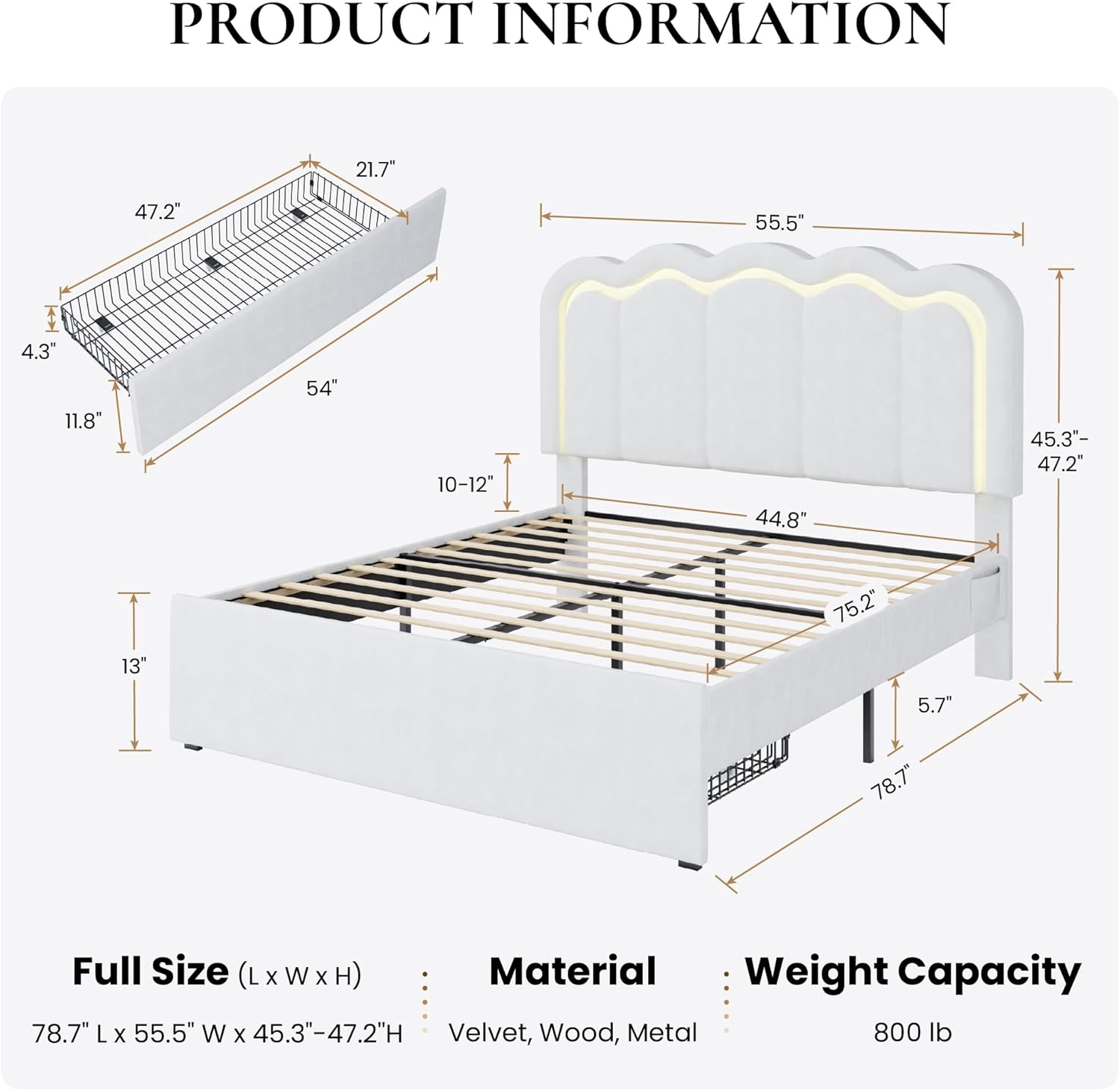 SHA CERLIN Upholstered Full Size Bed Frame with LED Lights and Large Storage Drawer, Velvet Platform Bed with Adjustable Wavy Headboard, Noise Free, Easy Assembly, No Box Spring Needed, Soft White