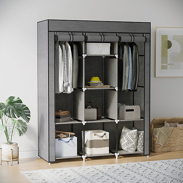 Armoire penderie multi-rangement - 8 étagères, 2 barres - dim. 125L x 43l x 162,5H cm - acier noir non tissé gris