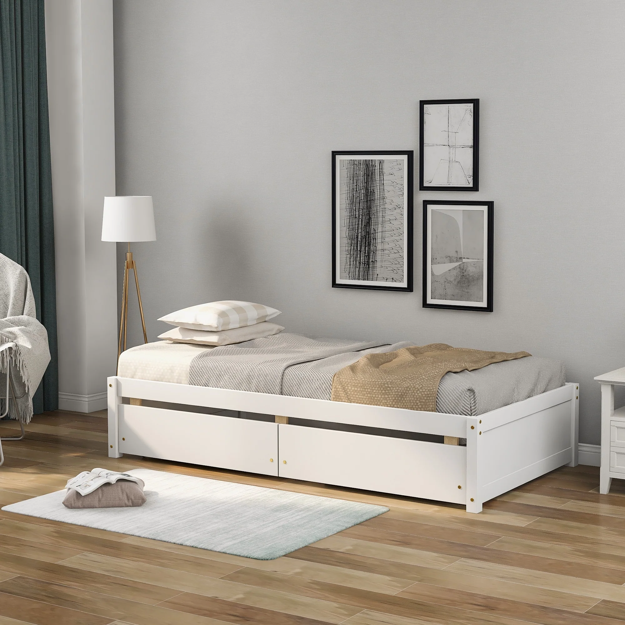 Space-Saving Twin Bed with 2 Drawers, Pine Wood Construction, Ideal for Kids/Guest Rooms