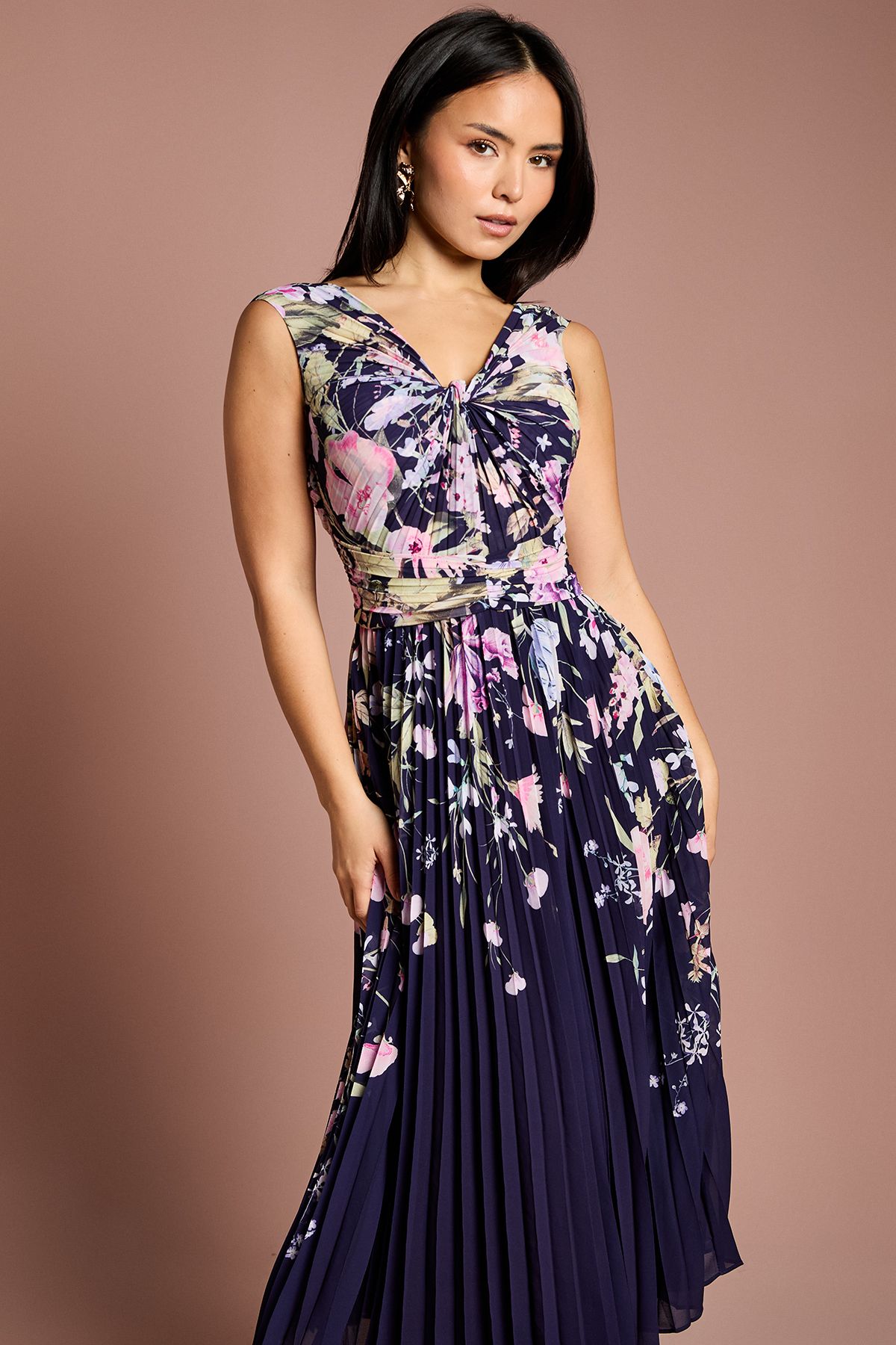 Coast Petite Placement Print Pleated V Neck Midi Dress