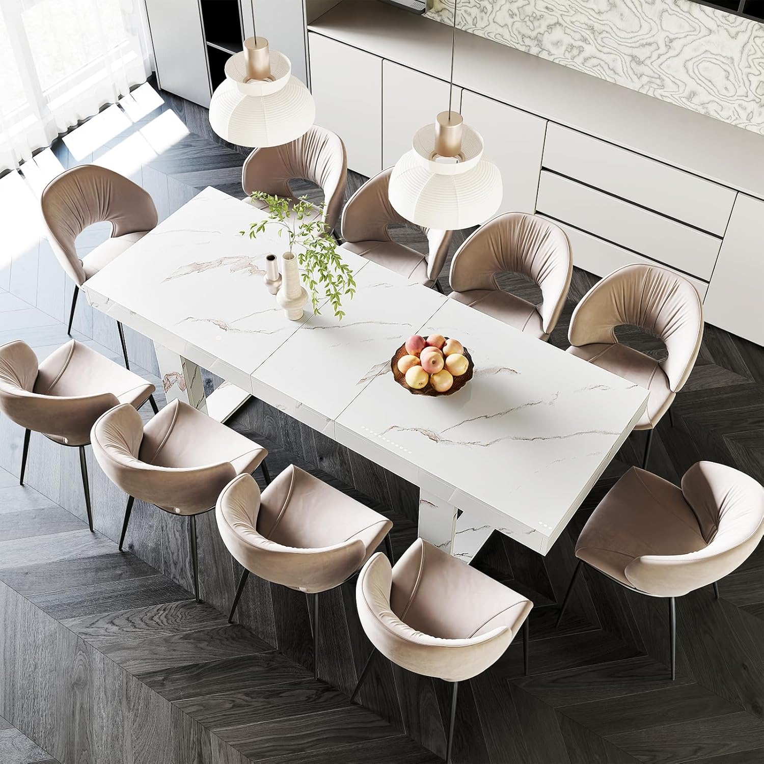 STHOUYN White Marble Extendable Dining Room Table for 8 10, 70.9 (86.6) x 31.5, Rectangle Dinner Table for 6-10, Modern Expandable Retractable Kitchen Table (White)