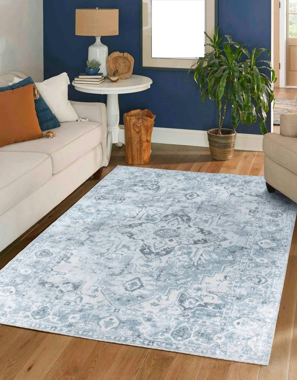 ELSA - Tapis Vintage Lavable en Machine Gris/Bleu 160x213