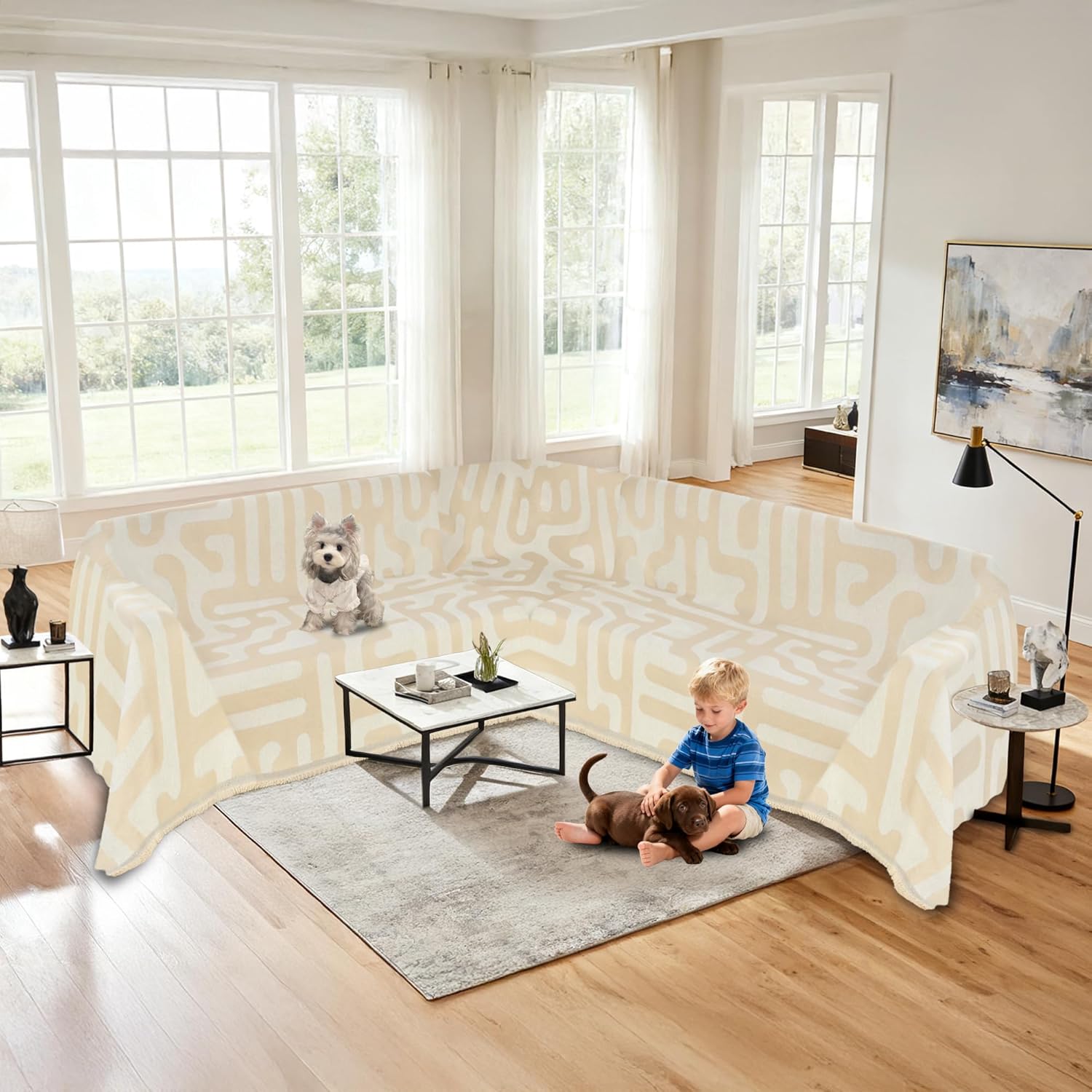 1OO% Waterproof Sectional Couch Covers for Dogs L Shaped Corner Sofa Cover Washable Chenille Sofa Slipcovers Blanket Modern Jacquard Pet Furniture Protector (91x252, Boho Beige)