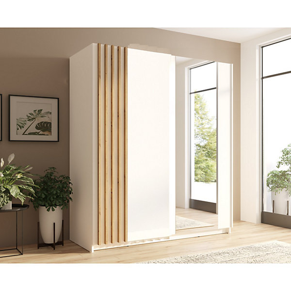 Armoire 2 portes coulissantes 200 cm - blanc et chene - Collection VARIA