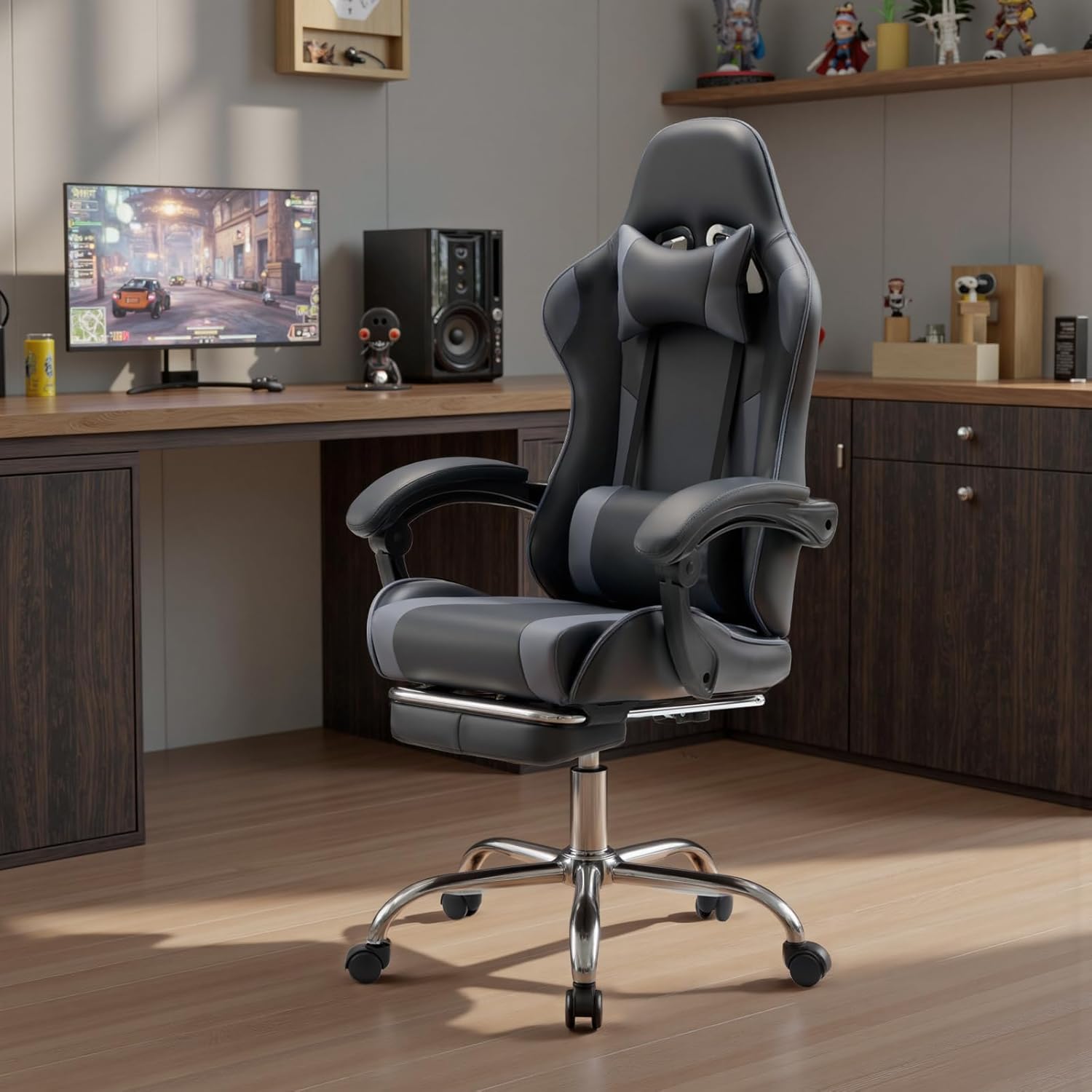 DUMOS Ergonomic Gaming Office Desk Chair with Footrest and Headrest for Adults, PU Leather Video Computer Chair with Linkage Armrests, Height Adjustable 360° Swivel Recling Chair, Black Grey
