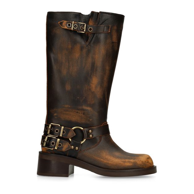 Brownwashed buckle biker boots