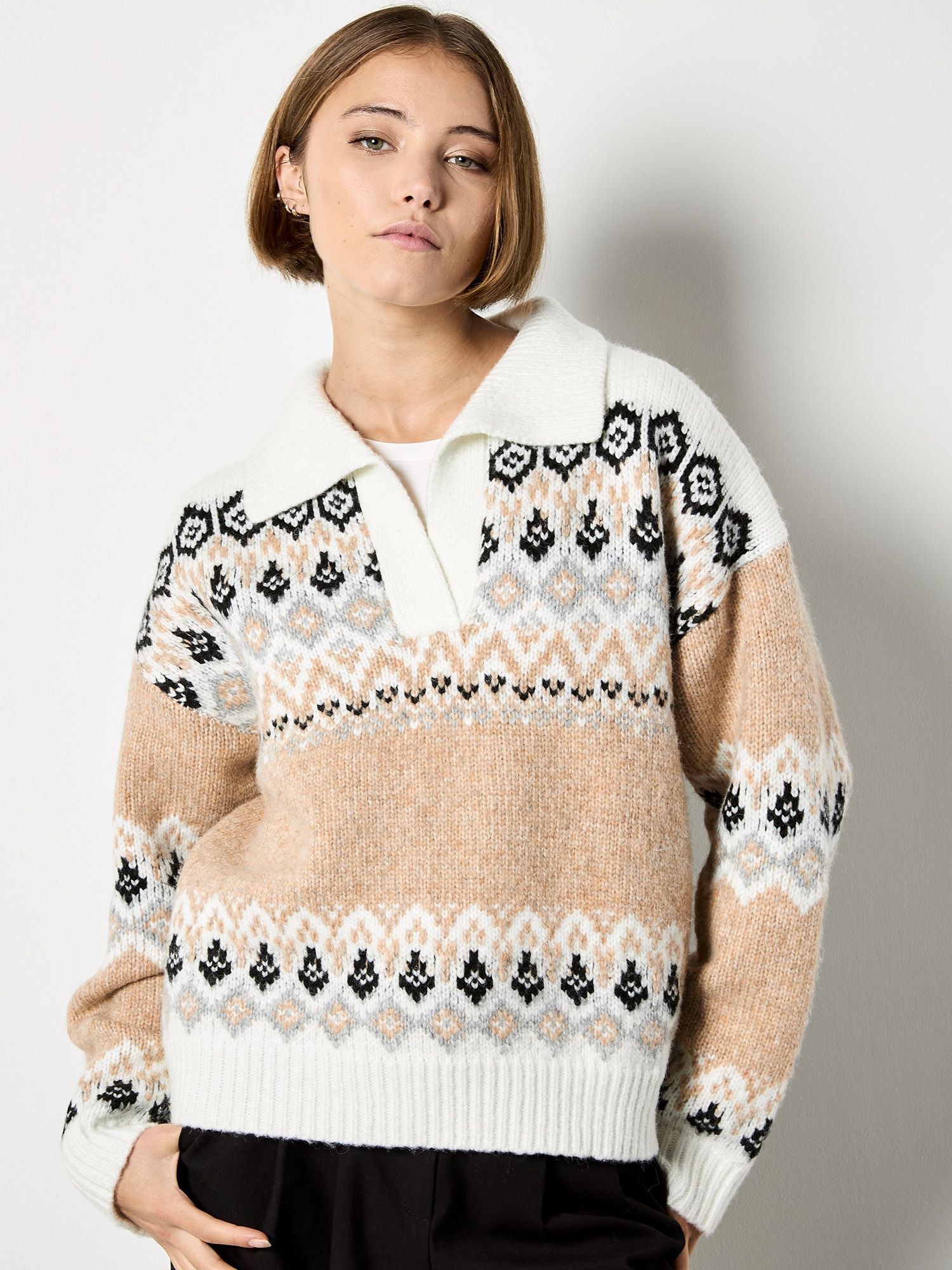 Apricot Open Collar Fair Isle Jumper