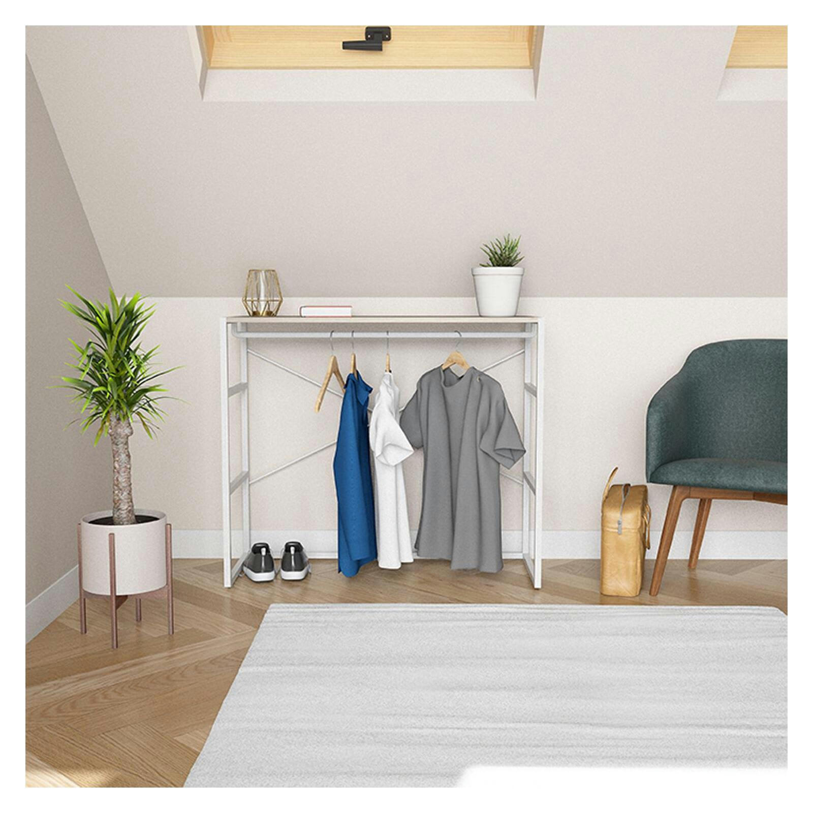 KADRA - Portant vêtements sous combles bois et métal blanc  penderie