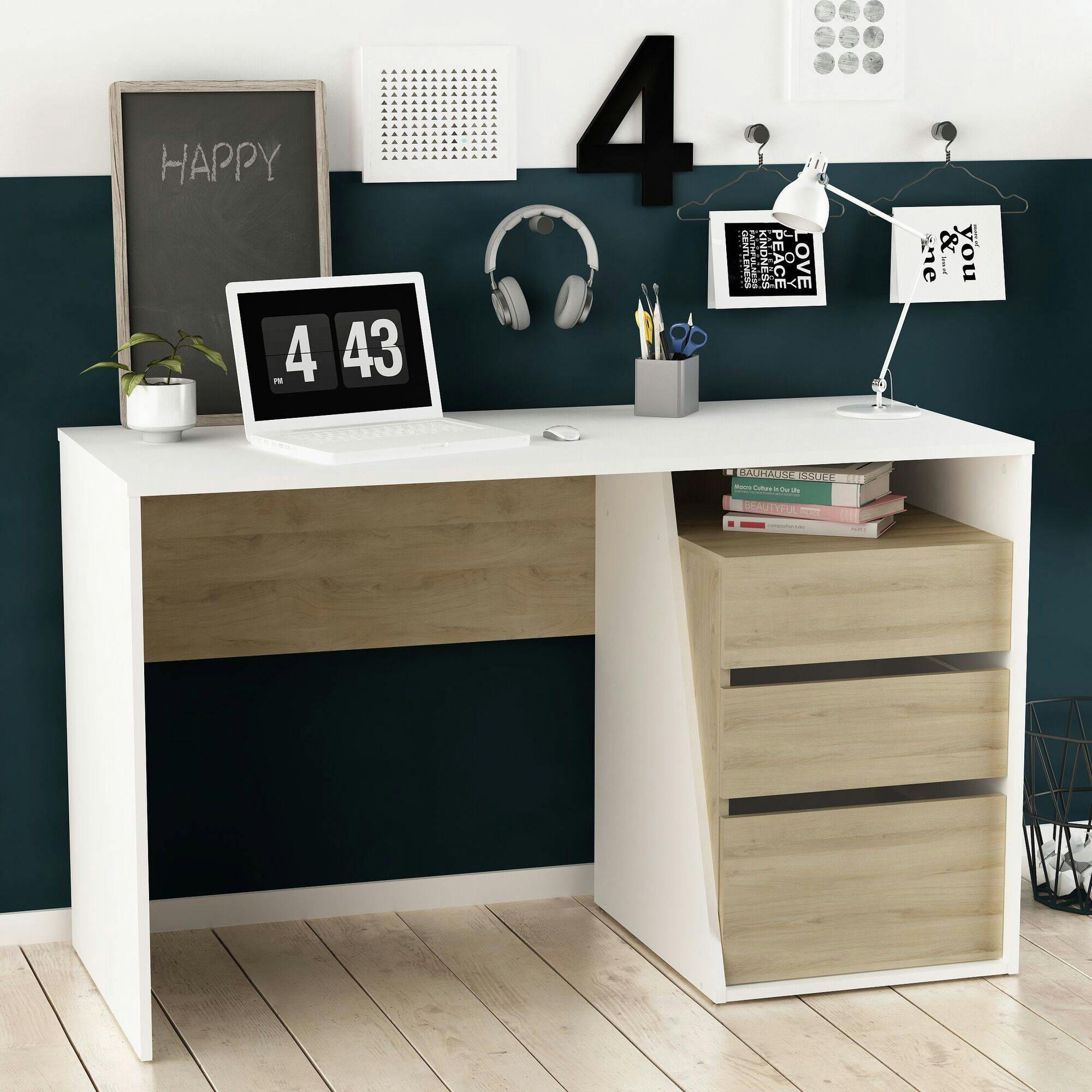 DJANGO - Bureau 3 tiroirs blanc et effet bois