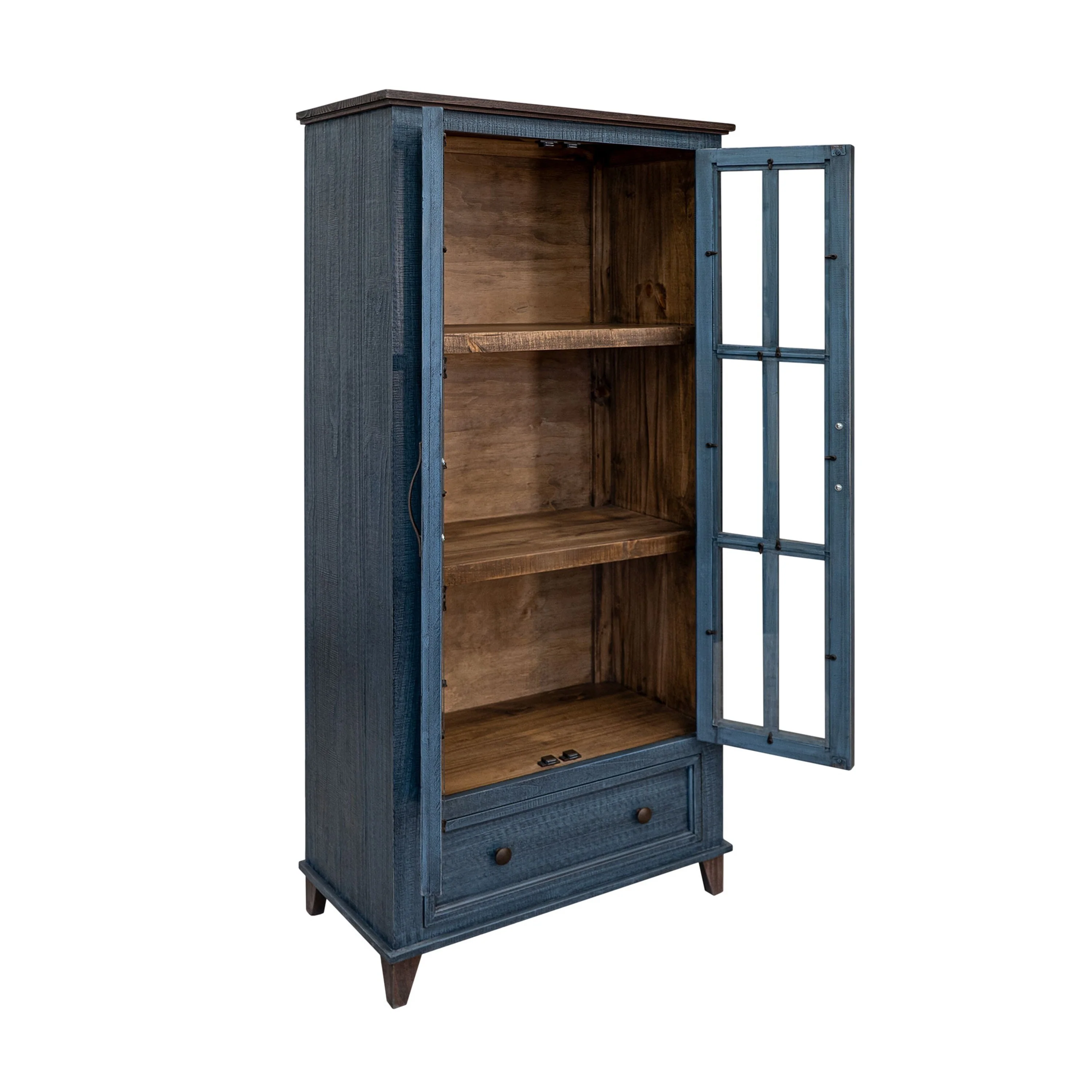 Rozy Accent Cabinet, 2 Glass Doors, Deep Blue Solid Pine Wood 70 Inch
