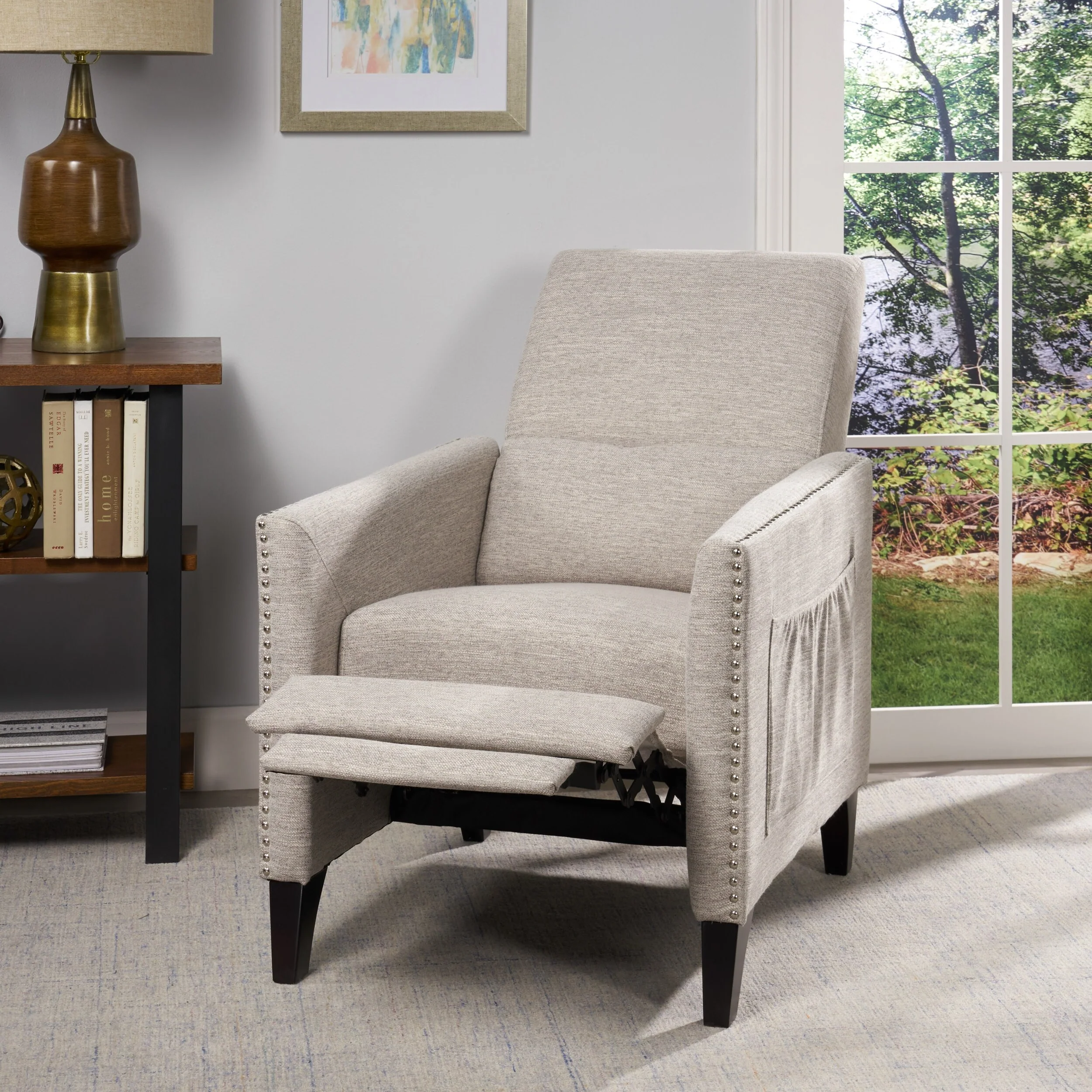 Light Grey Modern Fabric Push-Back Recliner with Footrest, Nailhead Accents, Birch Wood Legs