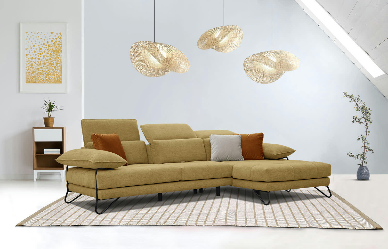 NORDEN - Canapé d'angle droit 4 places en tissu jaune avec coussins déco