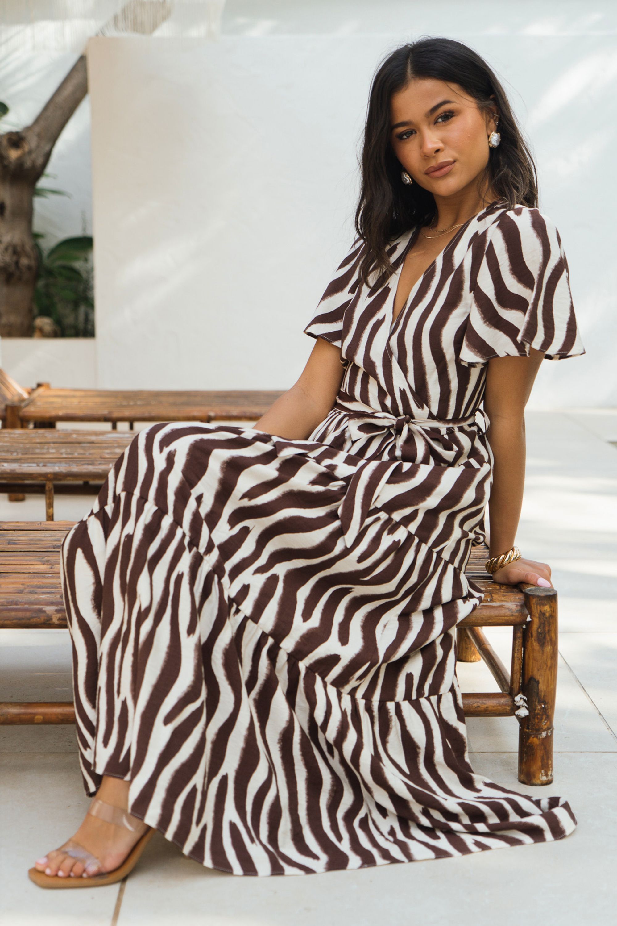 Gini London Chocolate Zebra Print Wrap Midi Dress