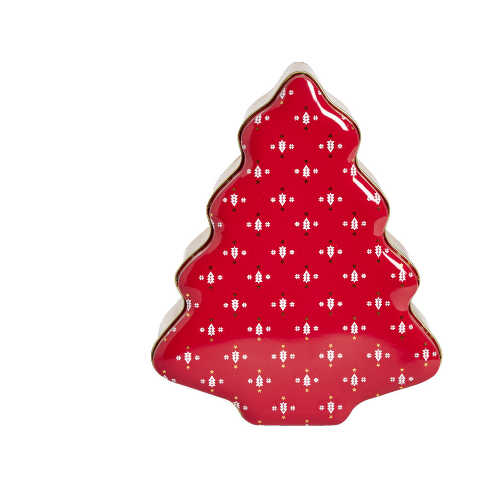 BoÎte alimentaire No&euml;l forme sapin métal rouge et doré 18x14,5xH6,5cm