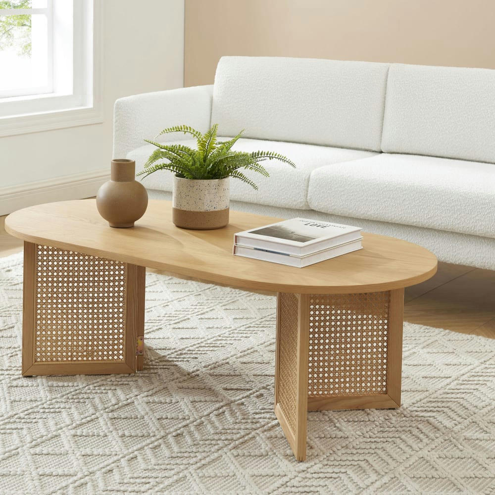 BOMBONG - Table basse en bois et cannage L120cm bois clair