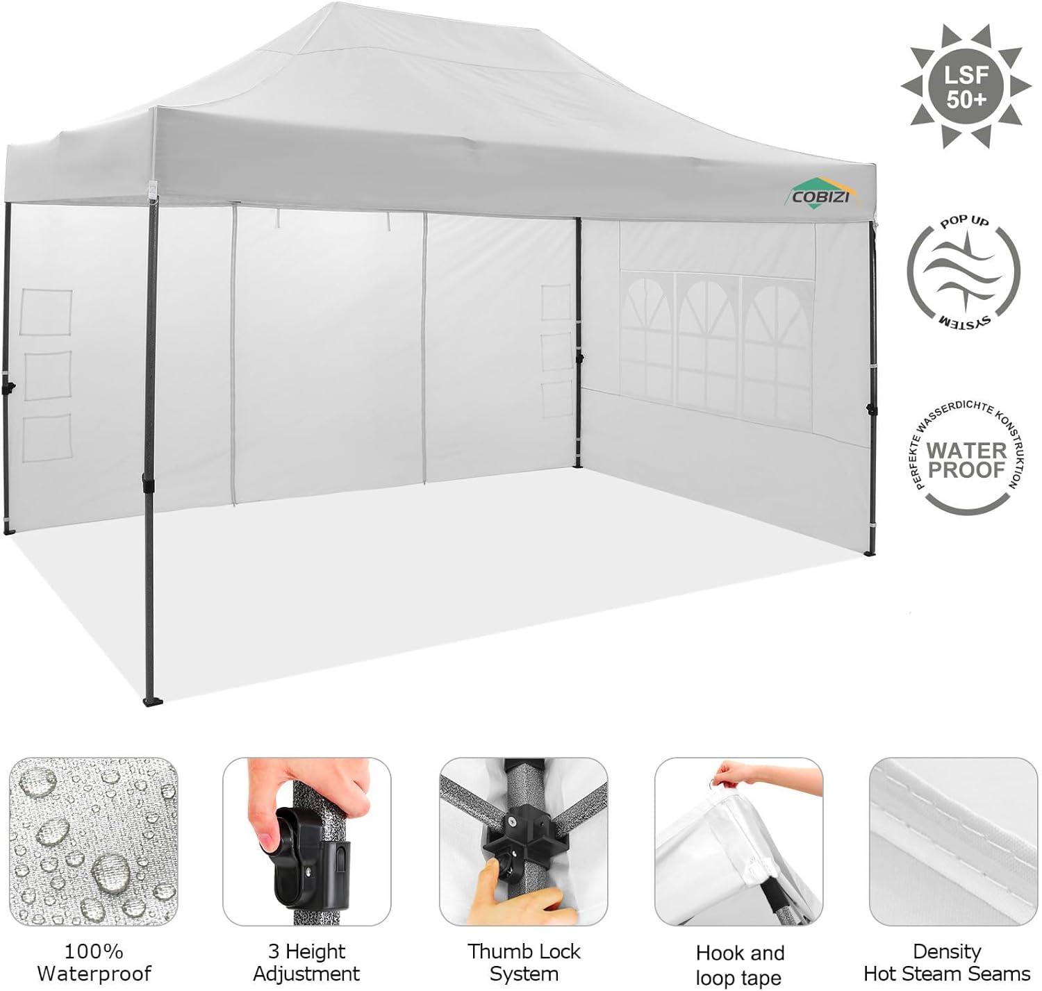 COBIZI 10x15 Pop up Canopy Tent 10x15 Canopy with 4 Sidewalls Waterproof Heavy Duty Commercial Canopy for Parties Outdoor Garden Gazebo Tent  Carry Bag(10x15ft  White)
