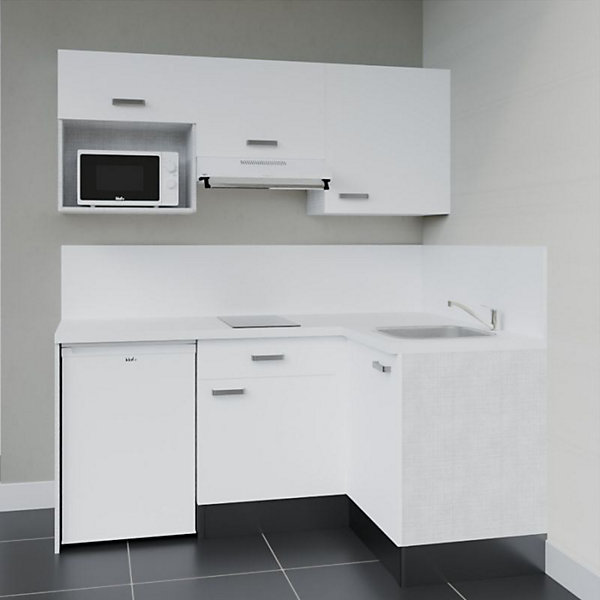 Kitchenette KA03 façades Blanc - Plan de travail Blanc - Crédences : Oui - Evier inox - Electroménager Blanc inclus