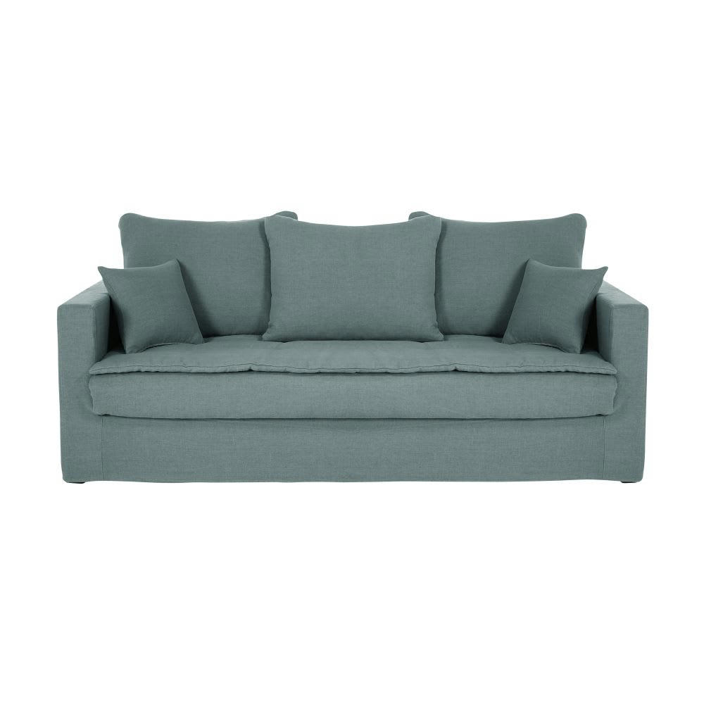 Célestin - Canapé convertible 3/4 places en lin bleu céladon