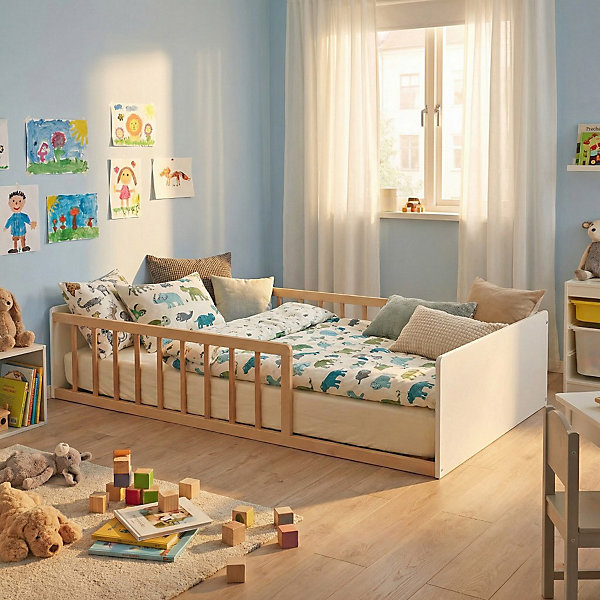LIT 90x190 PILOU avec sommier et matelas / Blanc et Naturel