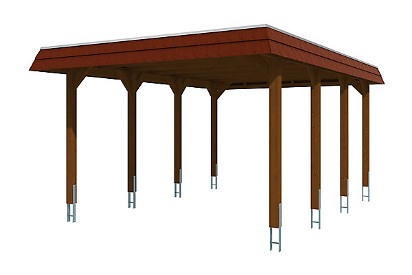 Carport SKAN HOLZ Spreewald 396x589cm, planches de toit et EPDM, bandeau rouge, bois résineux imprégné, traitement coloré noyer