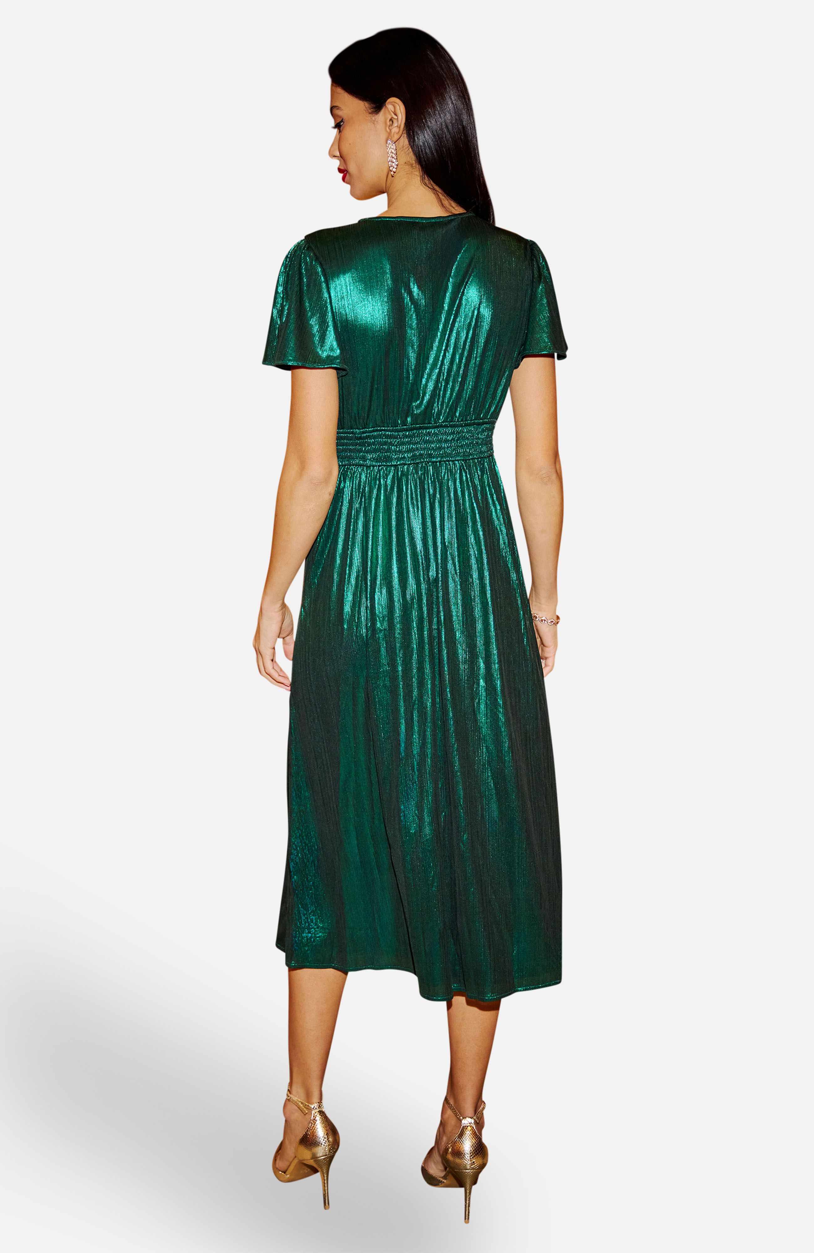 Yumi Green Metallic Ruched Midi Dress