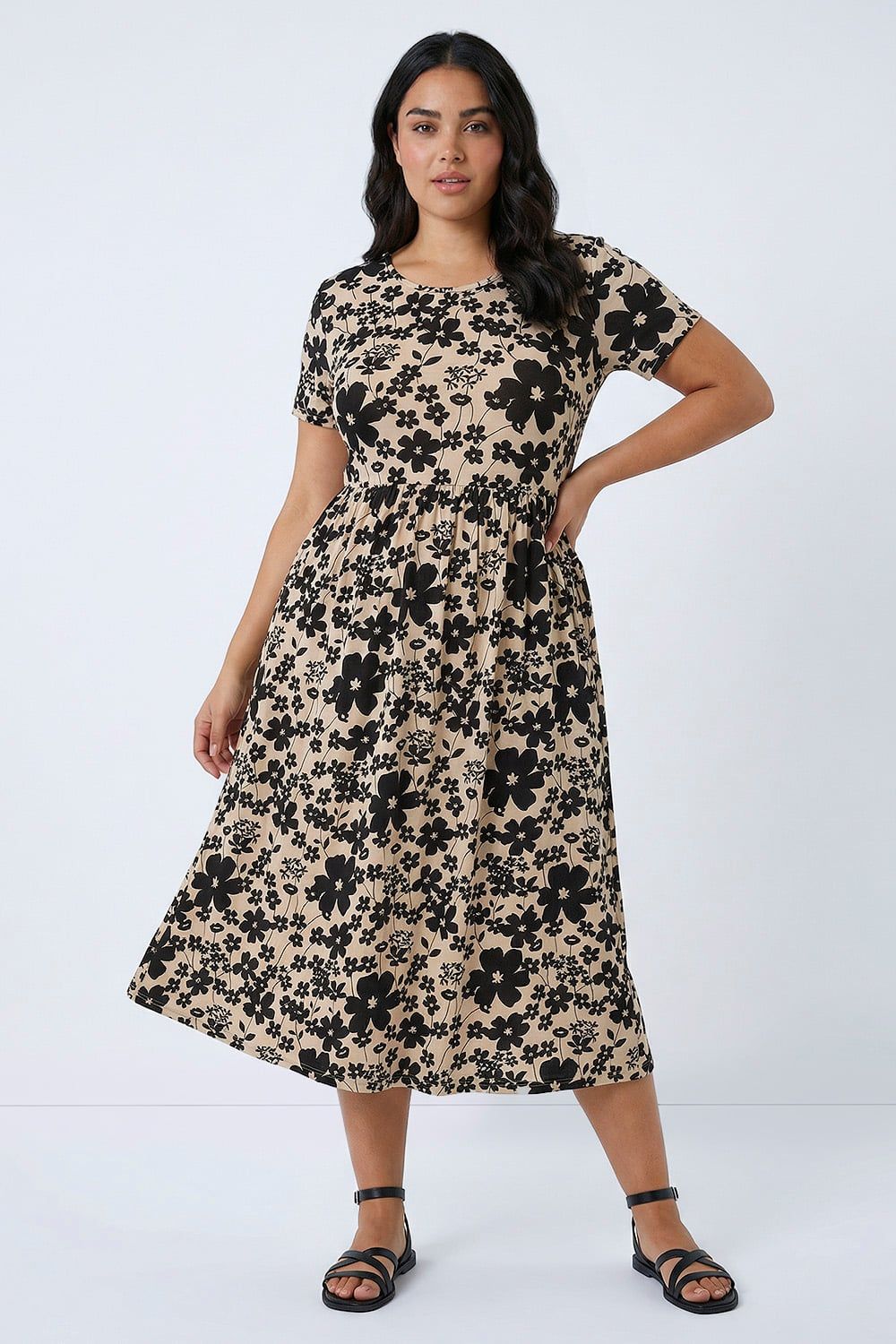 Roman Curve Floral Print Pocket Midi Dress